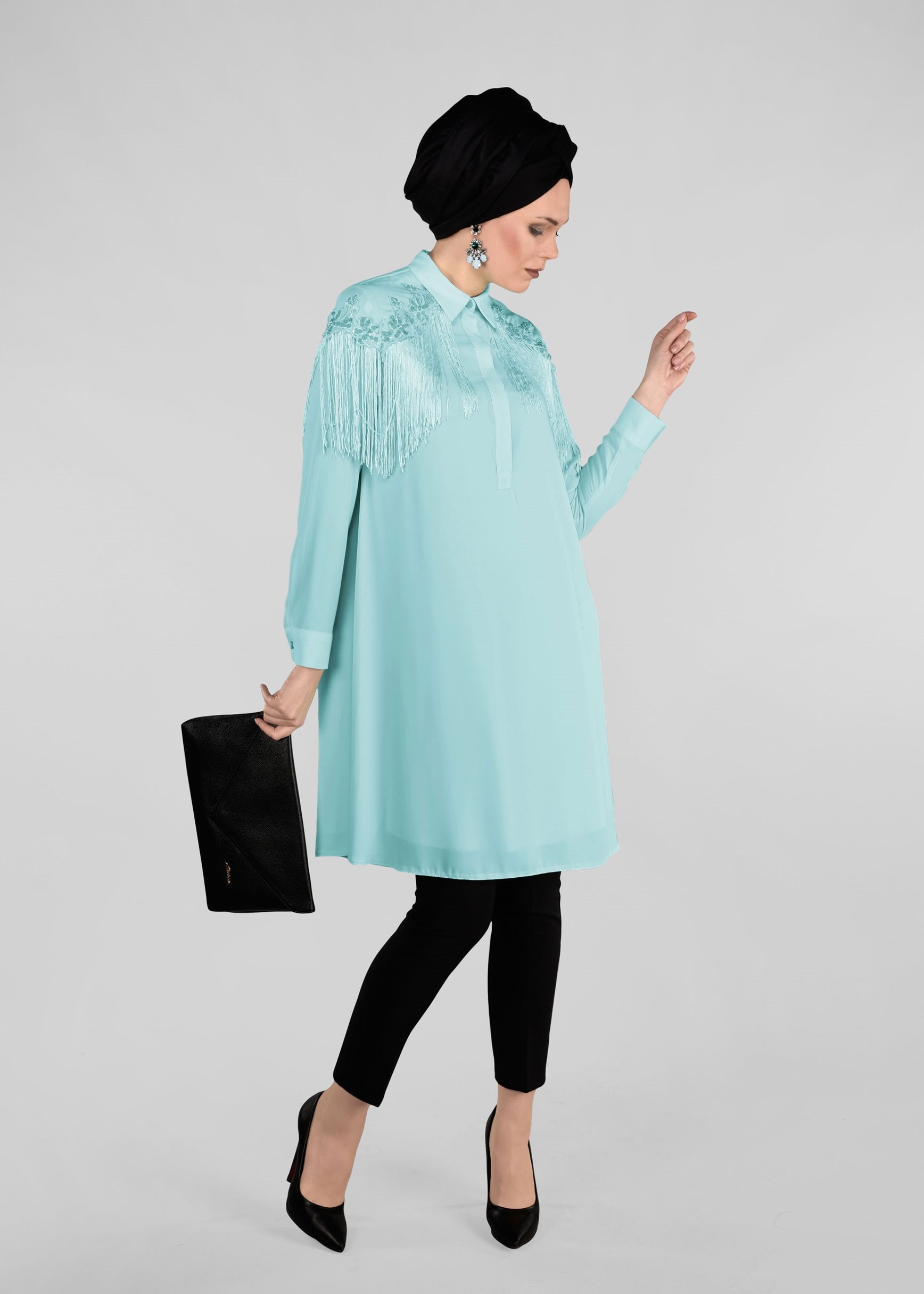 Tesettür giyim YEŞİL 4889 ESİNTİ TUNİK 38/46 TEK40