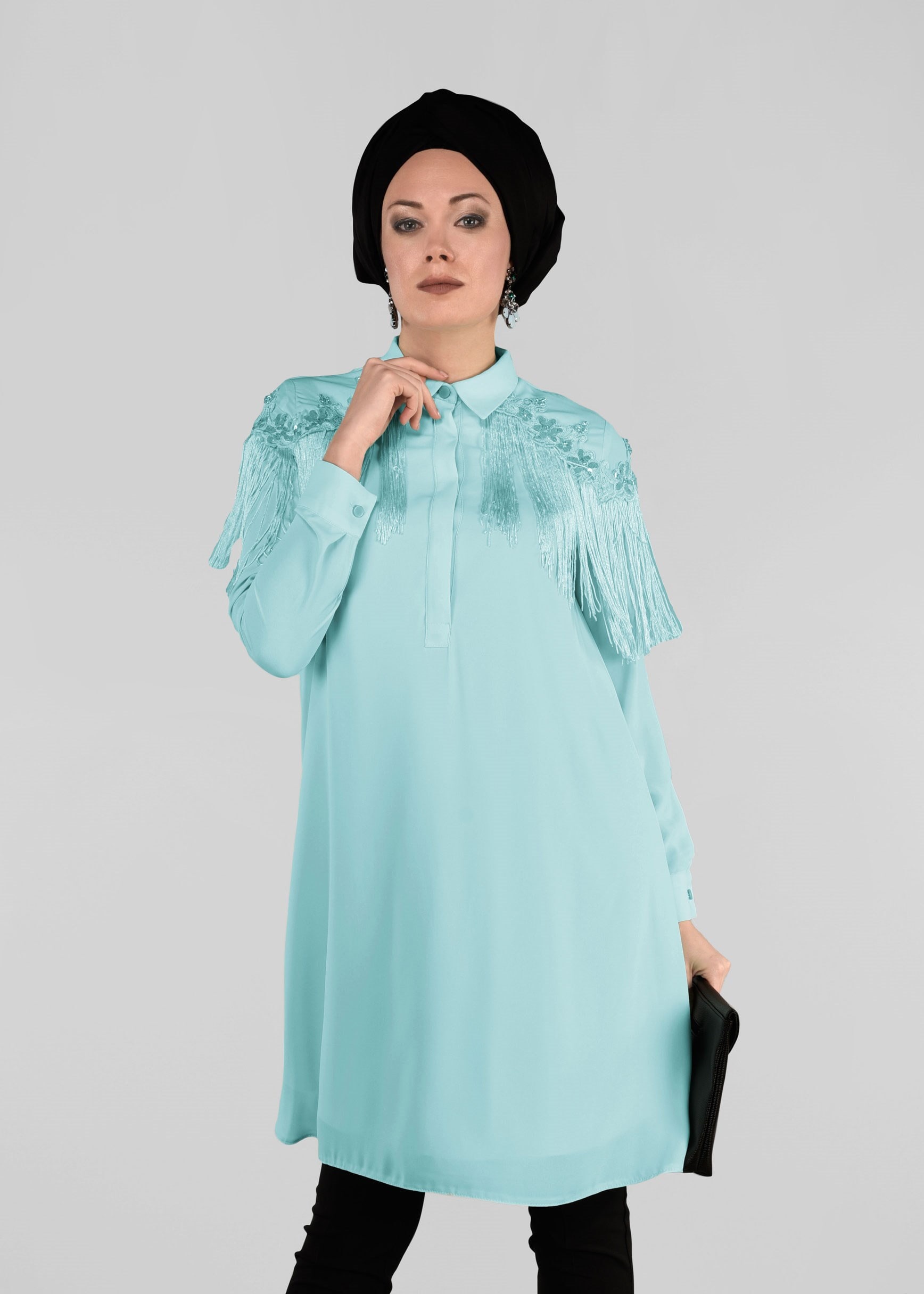 Tesettür giyim YEŞİL 4889 ESİNTİ TUNİK 38/46 TEK40