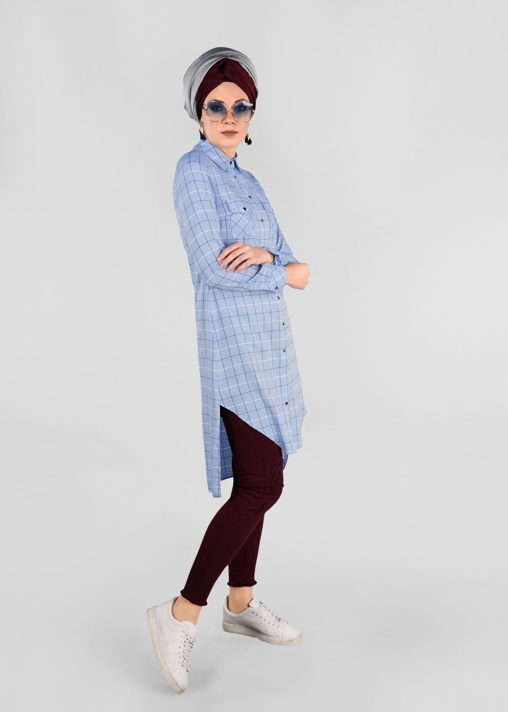 Tesettür giyim MAVİ EKOSE DESENLİ ÇITÇITLI TUNİK 4892