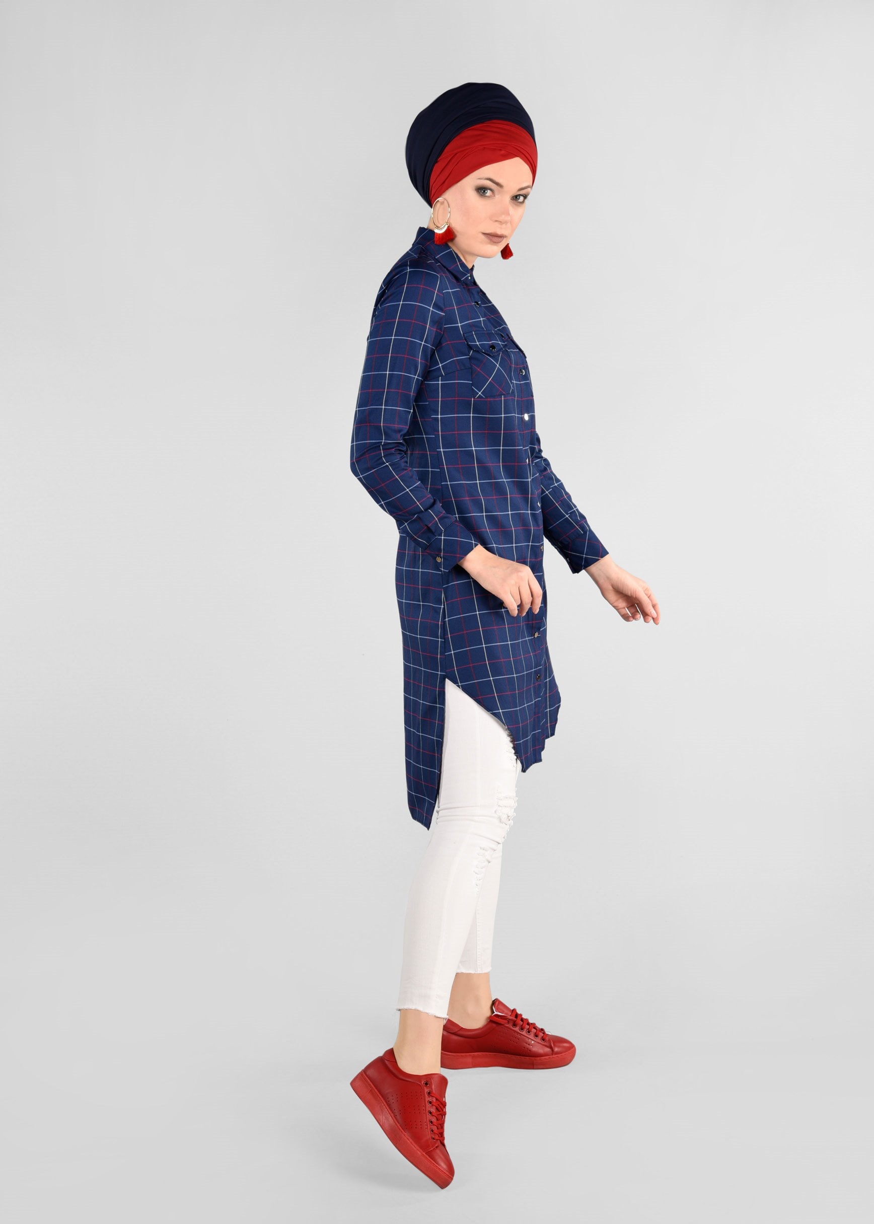 Tesettür giyim LACİVERT EKOSE DESENLİ ÇITÇITLI TUNİK 4892