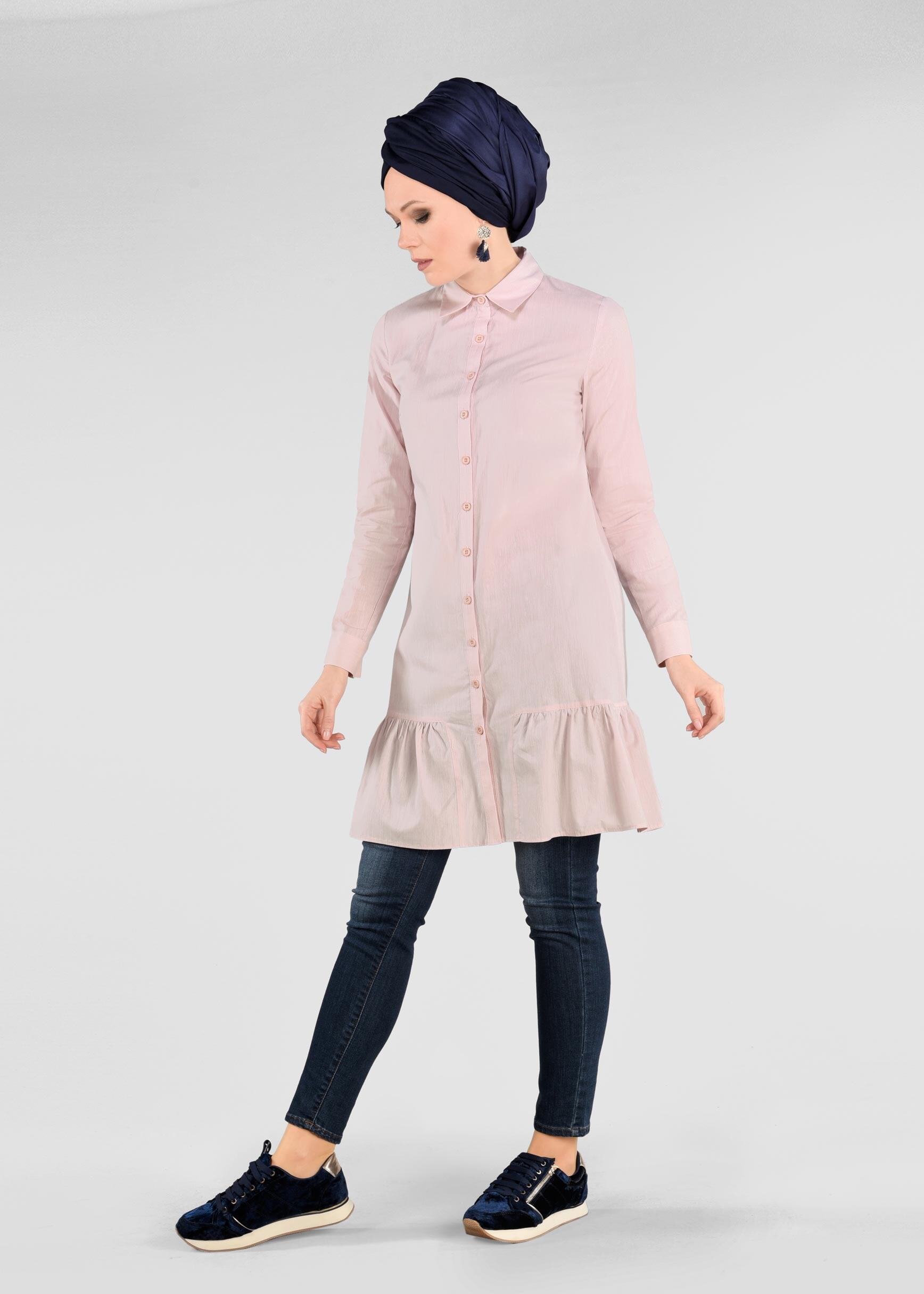 Tesettür giyim PUDRA ETEK UCU FIRFIRLI TUNİK 4896