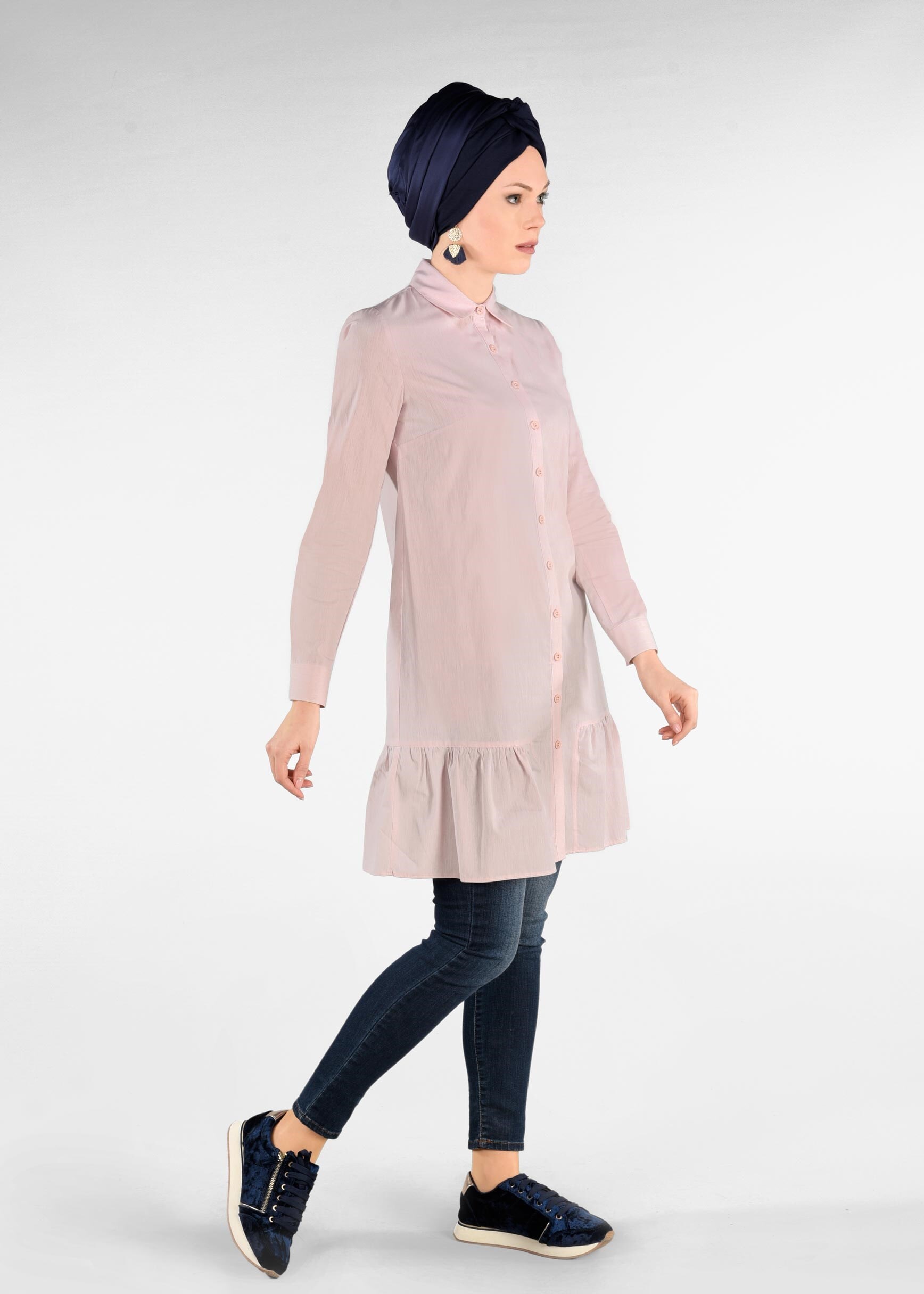 Tesettür giyim PUDRA ETEK UCU FIRFIRLI TUNİK 4896