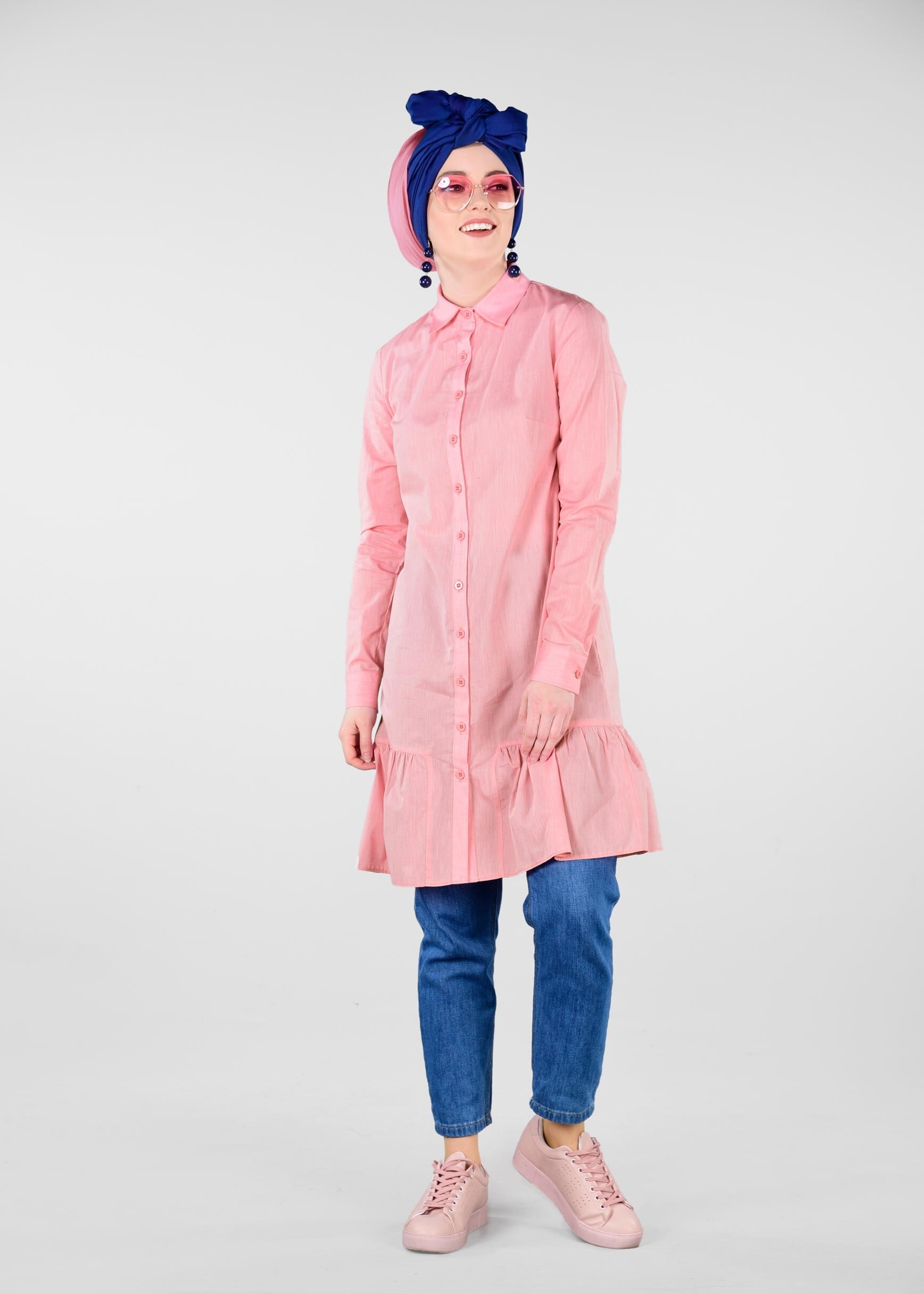 Tesettür giyim KIRMIZI ETEK UCU FIRFIRLI TUNİK 4896