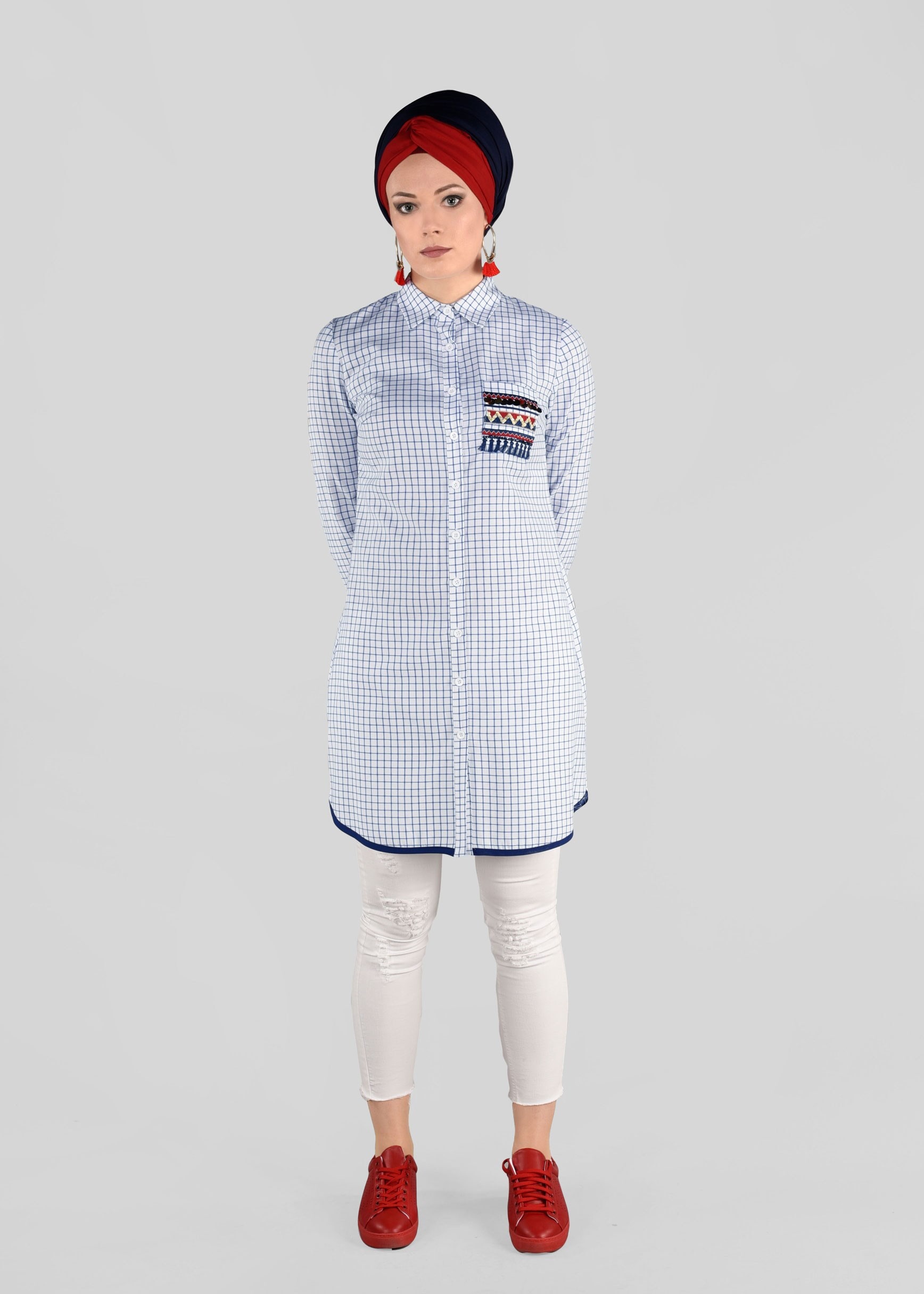 Tesettür giyim EKRU EKOSE TUNİK 4897