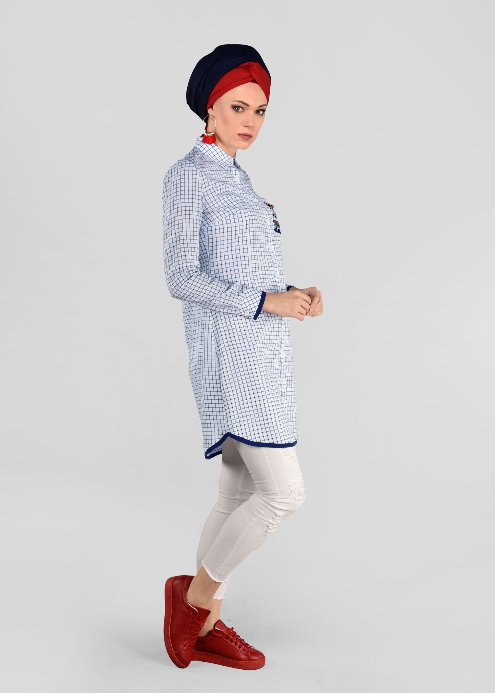 Tesettür giyim EKRU EKOSE TUNİK 4897