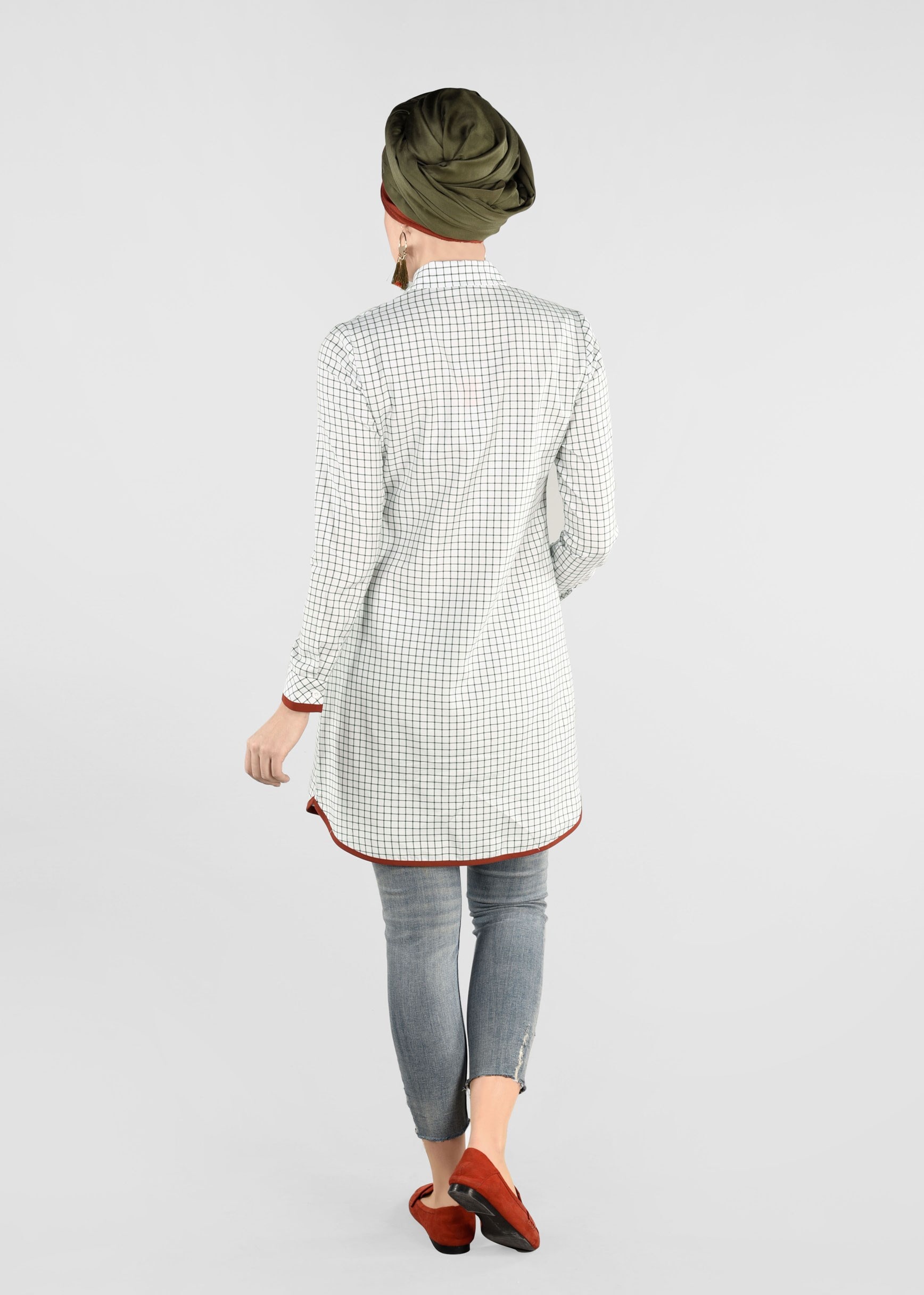 Tesettür giyim EKRU EKOSE TUNİK 4897