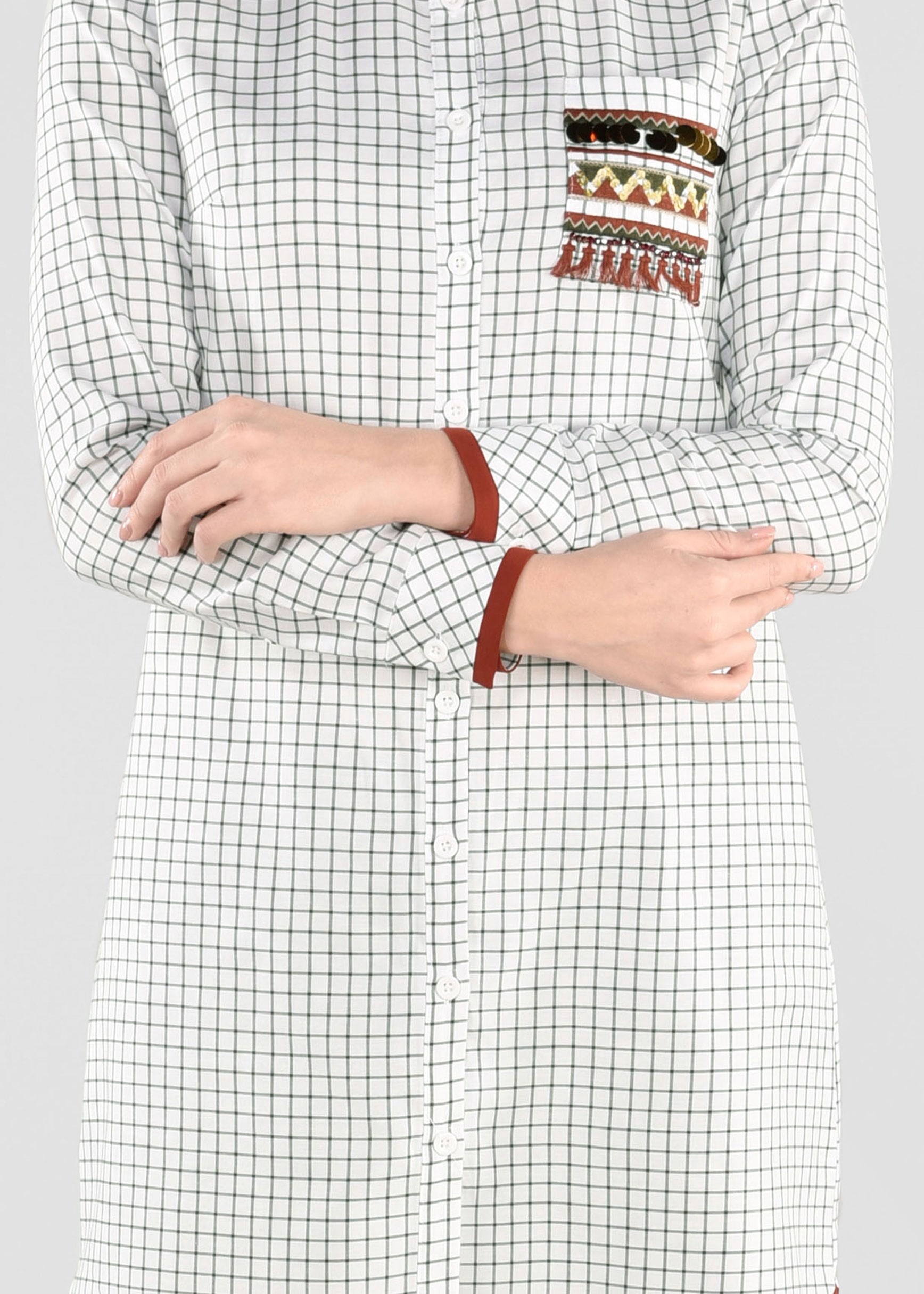 Tesettür giyim EKRU EKOSE TUNİK 4897