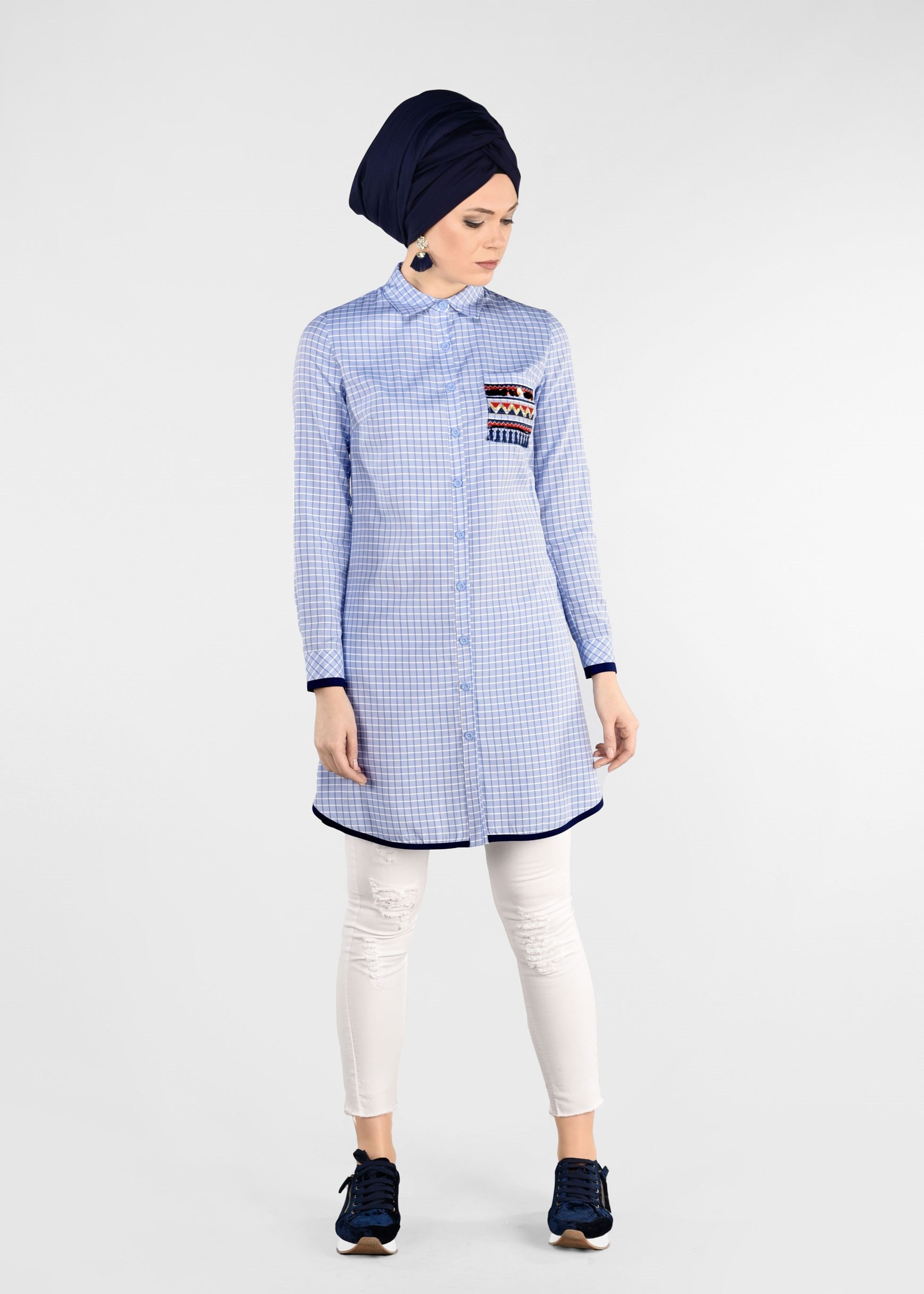 Tesettür giyim MAVİ EKOSE TUNİK 4897