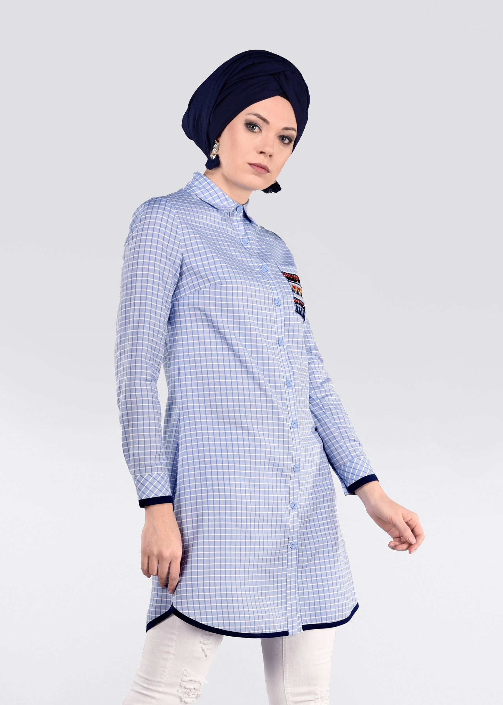 Tesettür giyim MAVİ EKOSE TUNİK 4897