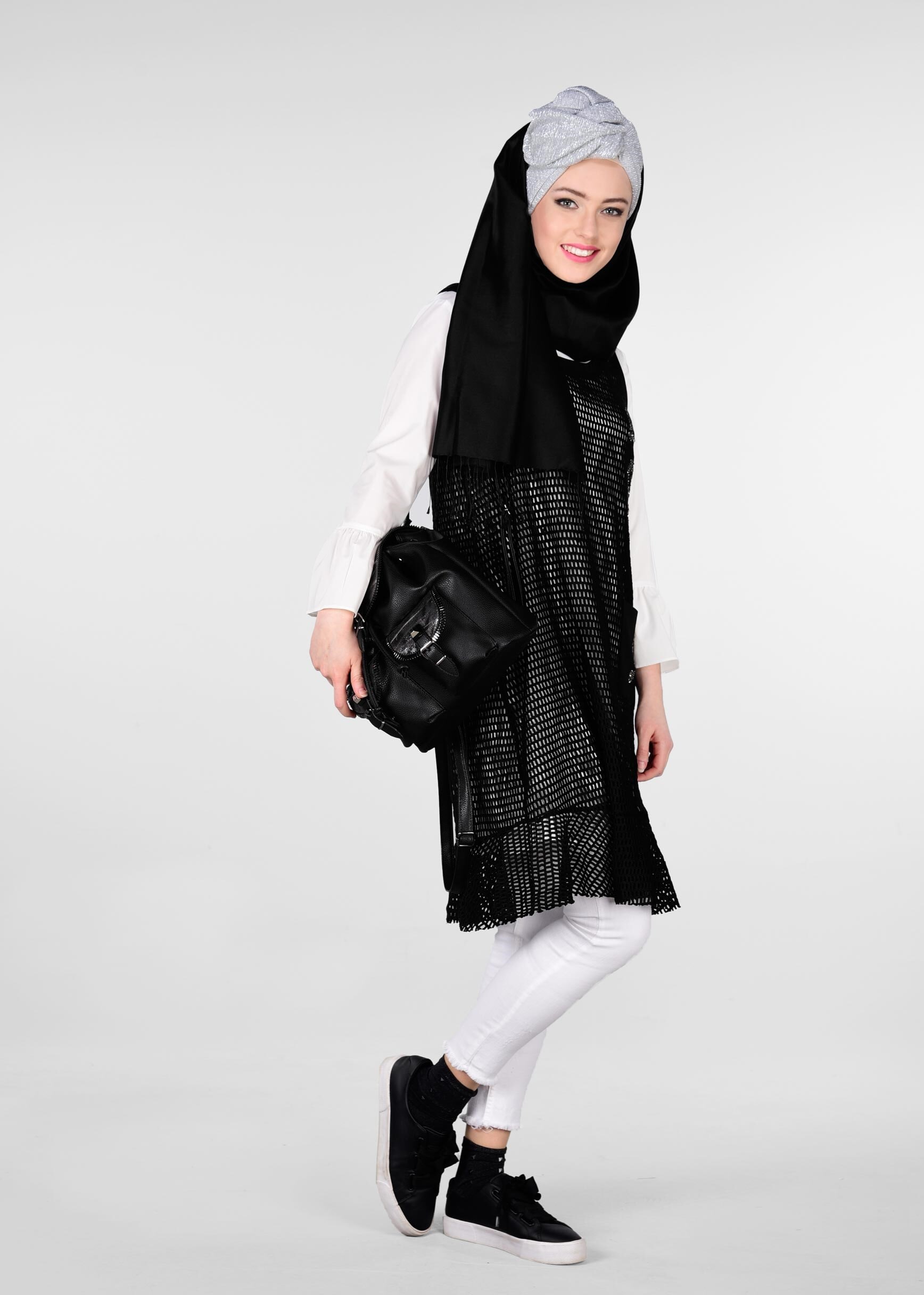 Tesettür giyim SİYAH SİM DETAYLI 2&prime;Lİ FİLE TUNİK 4899
