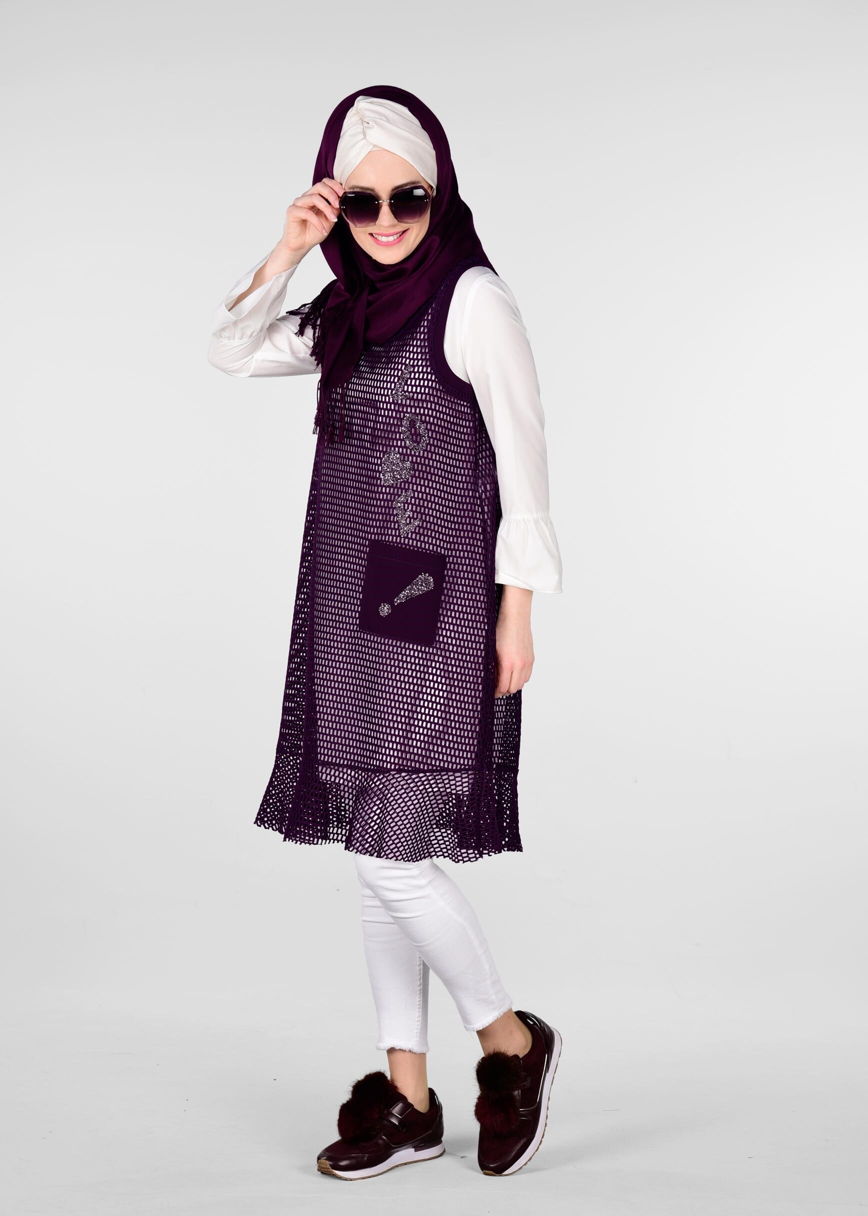 Tesettür giyim MOR SİM DETAYLI 2&prime;Lİ FİLE TUNİK 4899