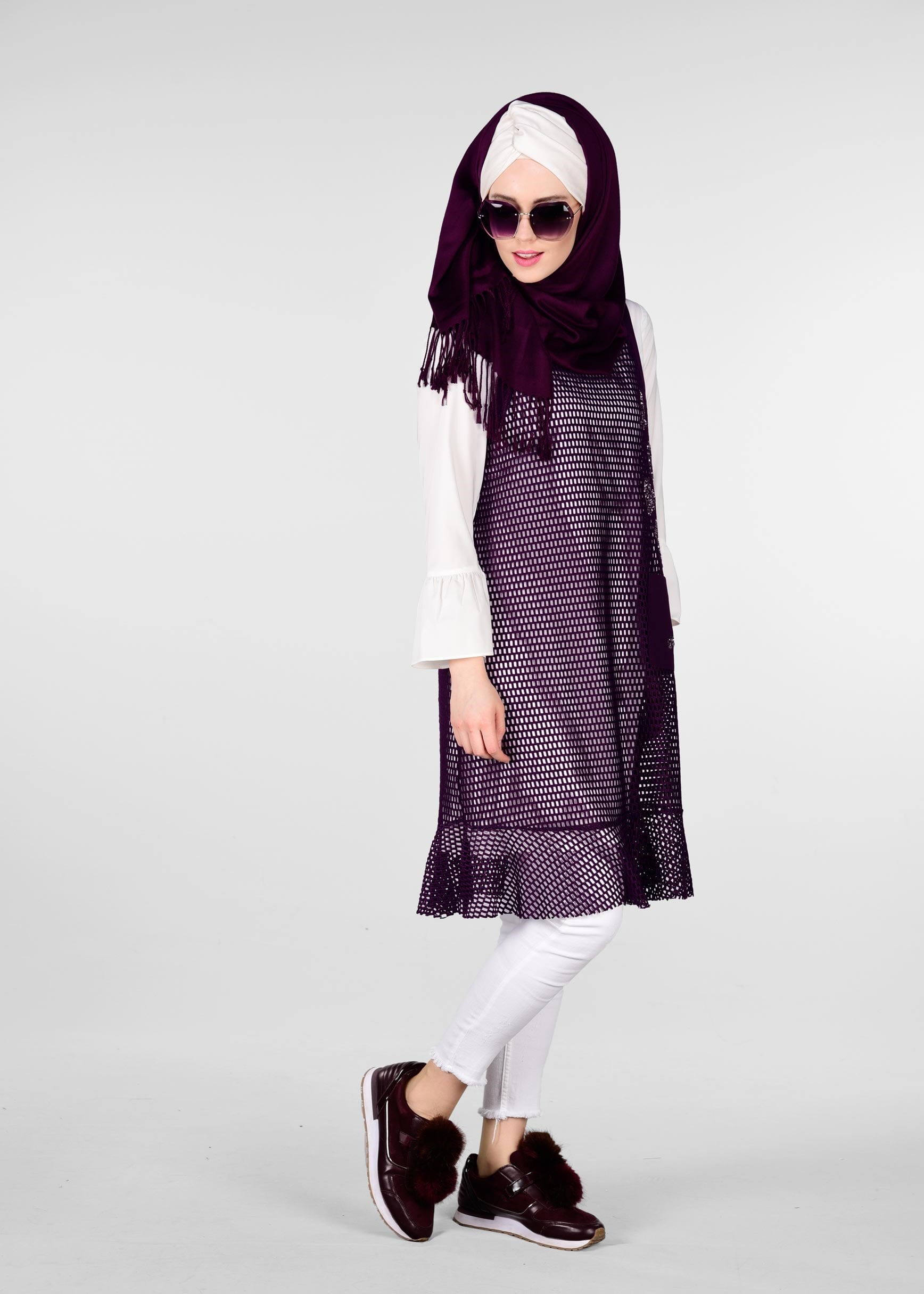 Tesettür giyim MOR SİM DETAYLI 2&prime;Lİ FİLE TUNİK 4899