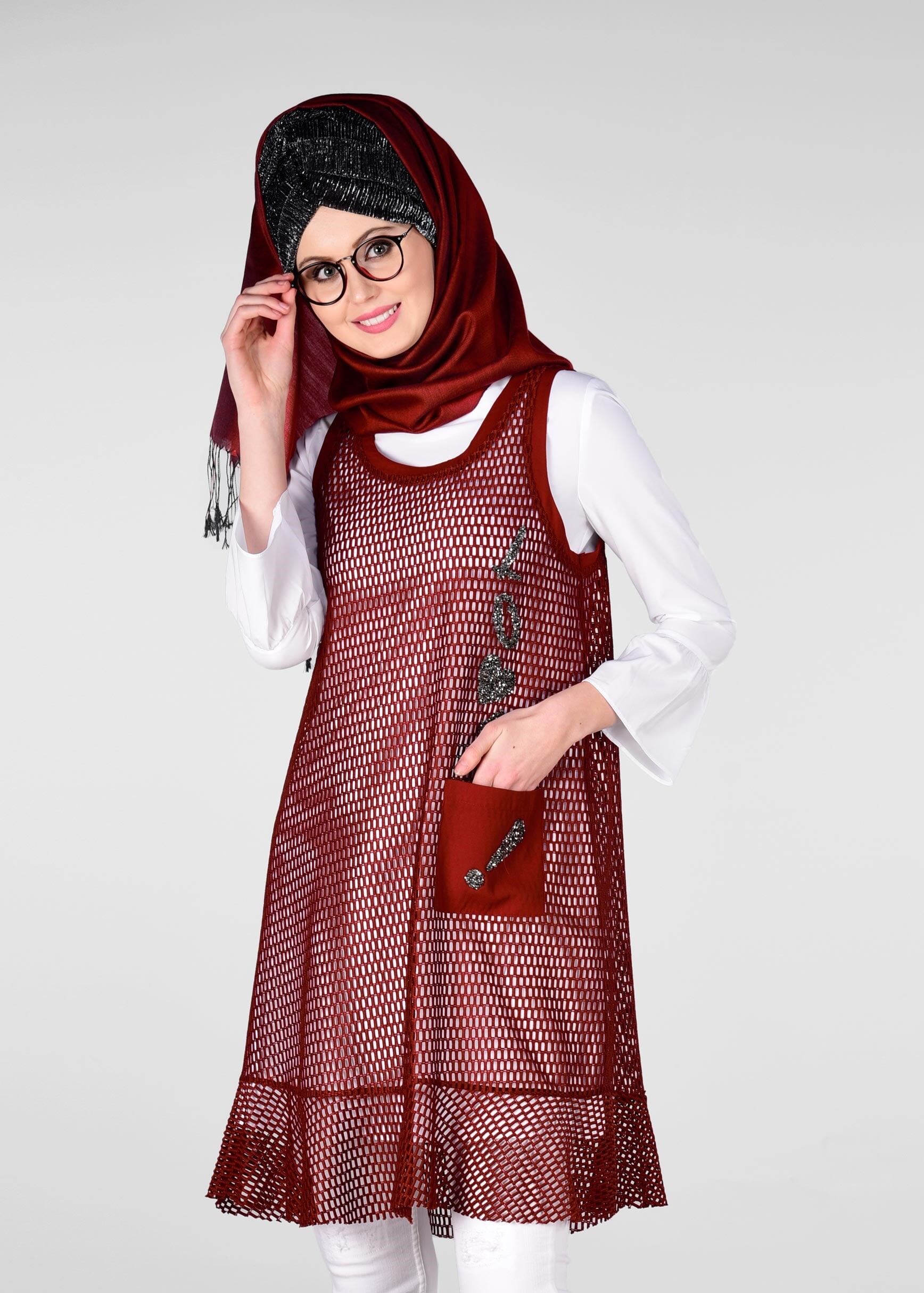 Tesettür giyim BORDO SİM DETAYLI 2&prime;Lİ FİLE TUNİK 4899