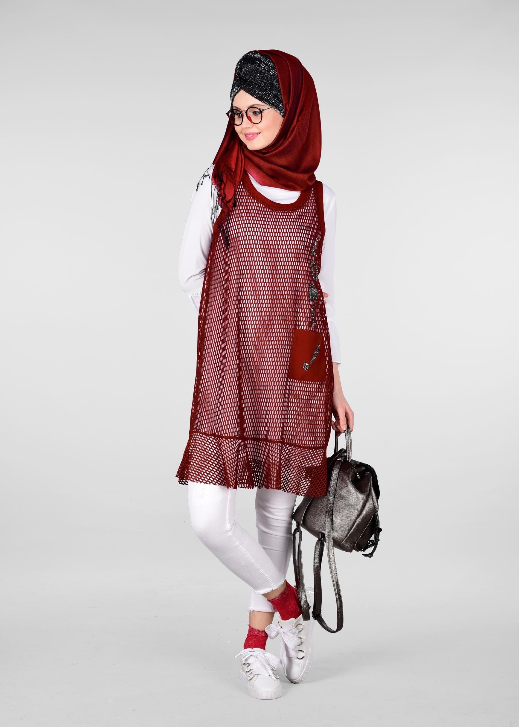 Tesettür giyim BORDO SİM DETAYLI 2&prime;Lİ FİLE TUNİK 4899