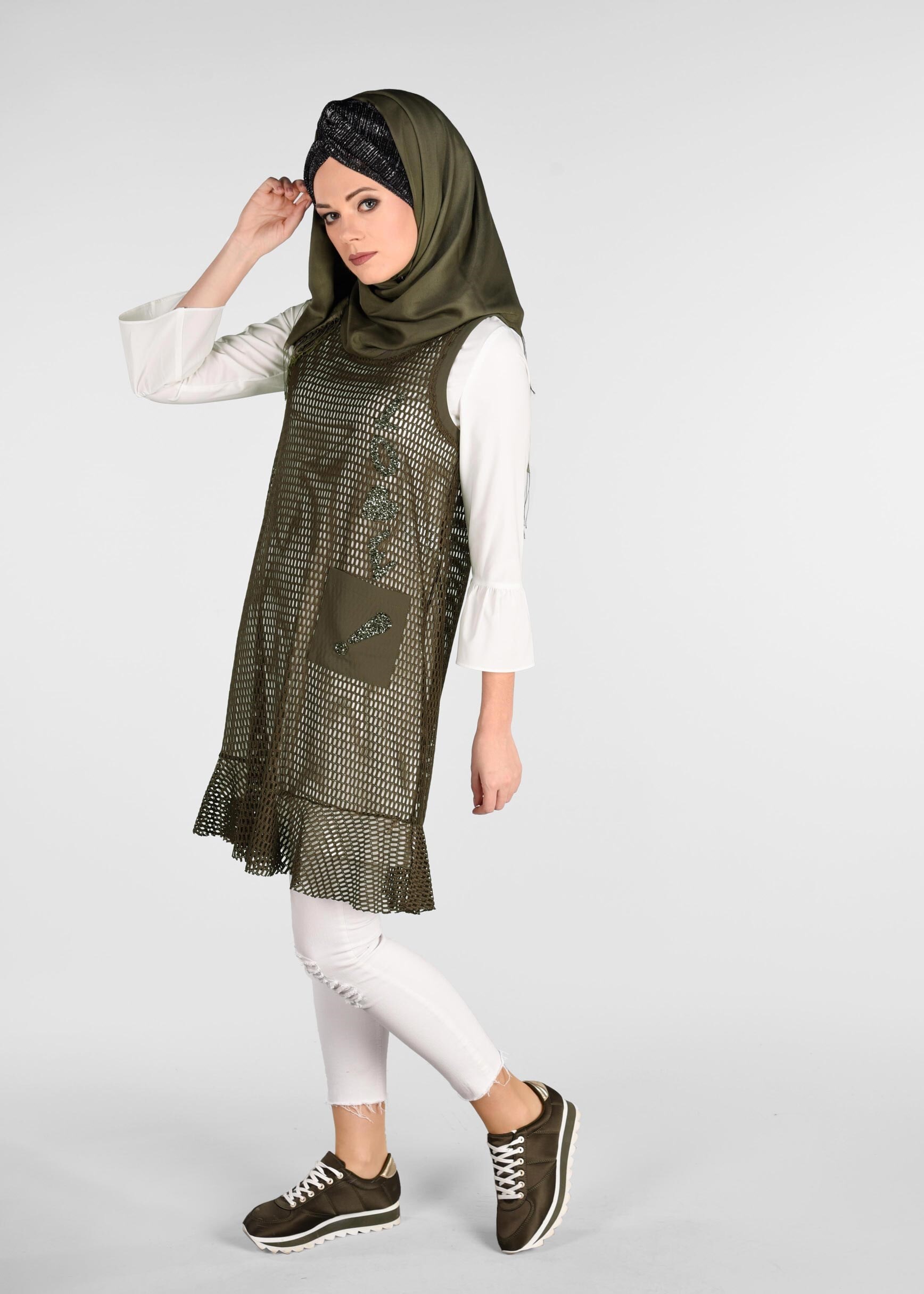 Tesettür giyim HAKİ SİM DETAYLI 2&prime;Lİ FİLE TUNİK 4899
