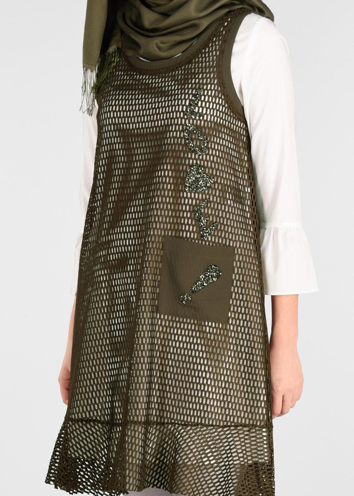 Tesettür giyim HAKİ SİM DETAYLI 2&prime;Lİ FİLE TUNİK 4899