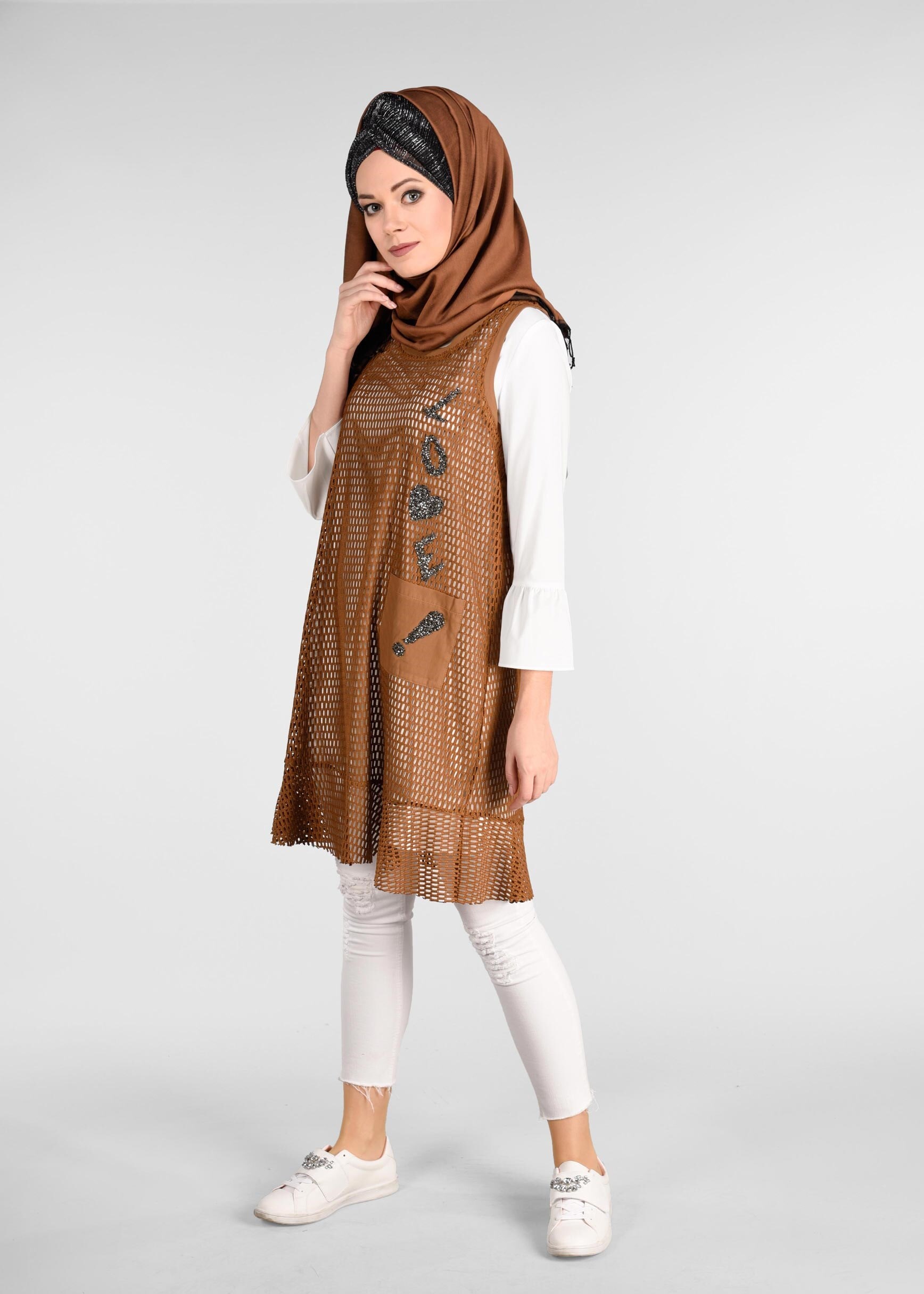 Tesettür giyim TABA SİM DETAYLI 2&prime;Lİ FİLE TUNİK 4899
