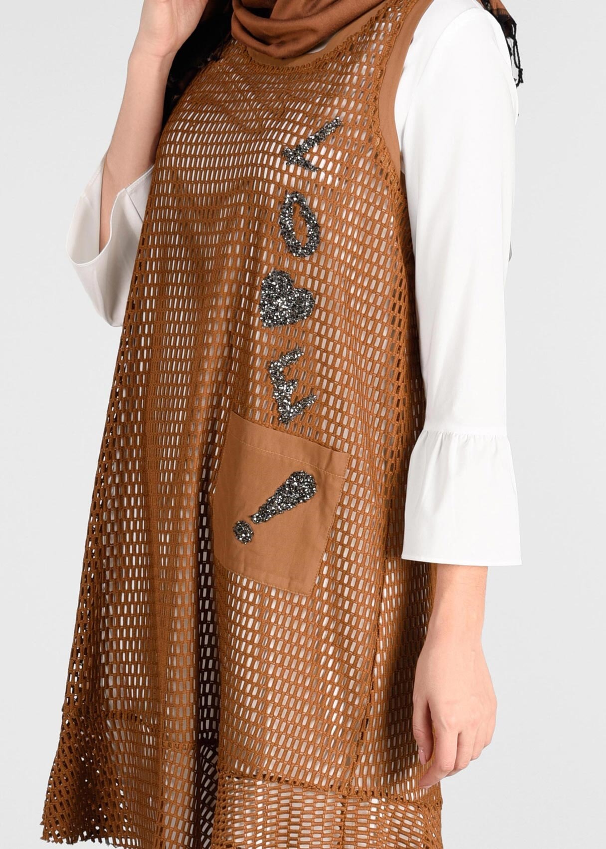 Tesettür giyim TABA SİM DETAYLI 2&prime;Lİ FİLE TUNİK 4899