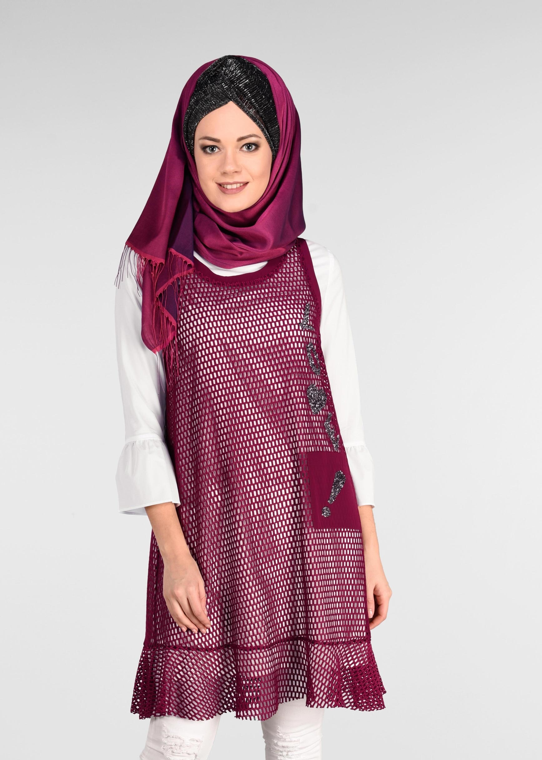 Tesettür giyim MOR SİM DETAYLI 2&prime;Lİ FİLE TUNİK 4899