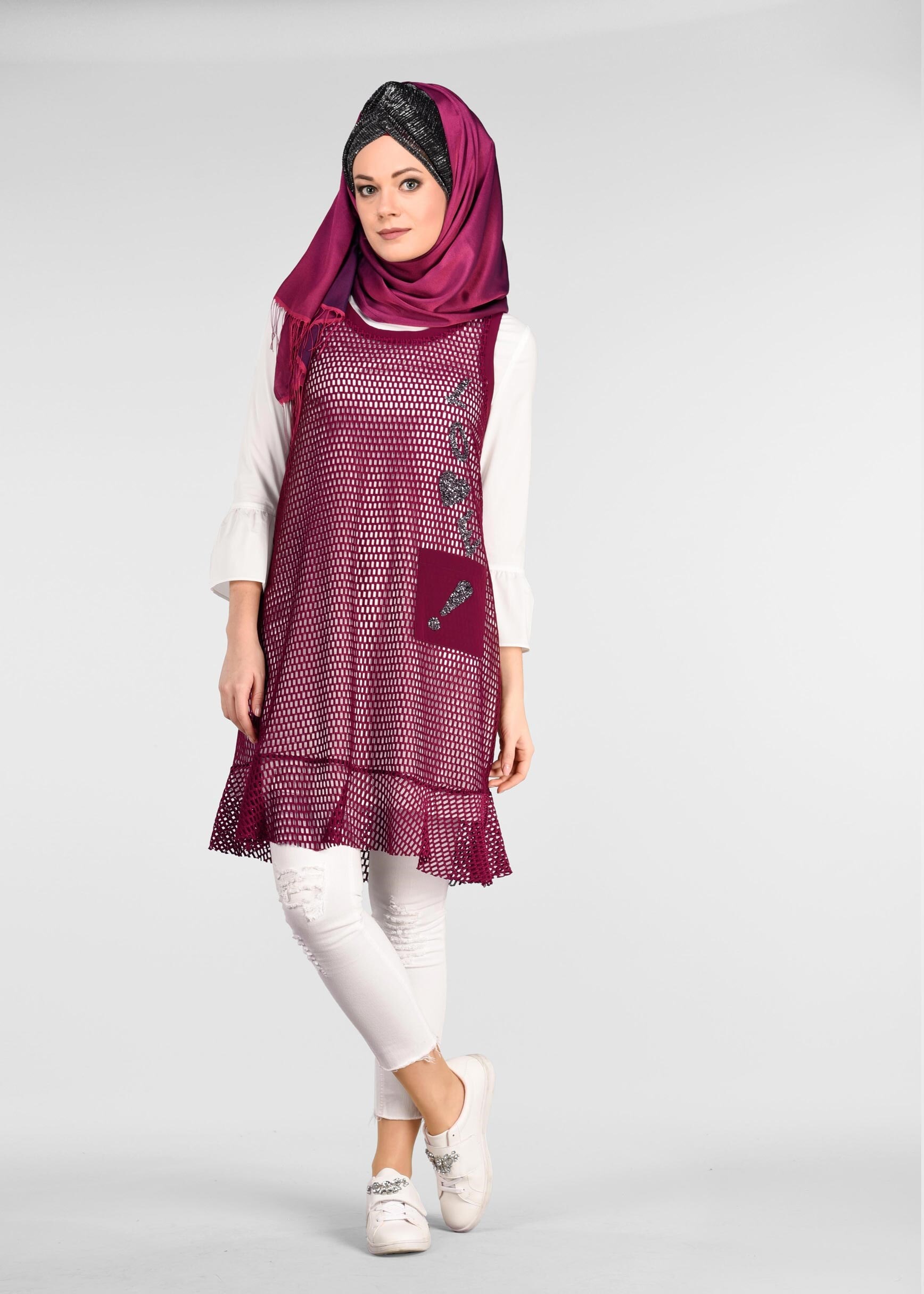 Tesettür giyim MOR SİM DETAYLI 2&prime;Lİ FİLE TUNİK 4899