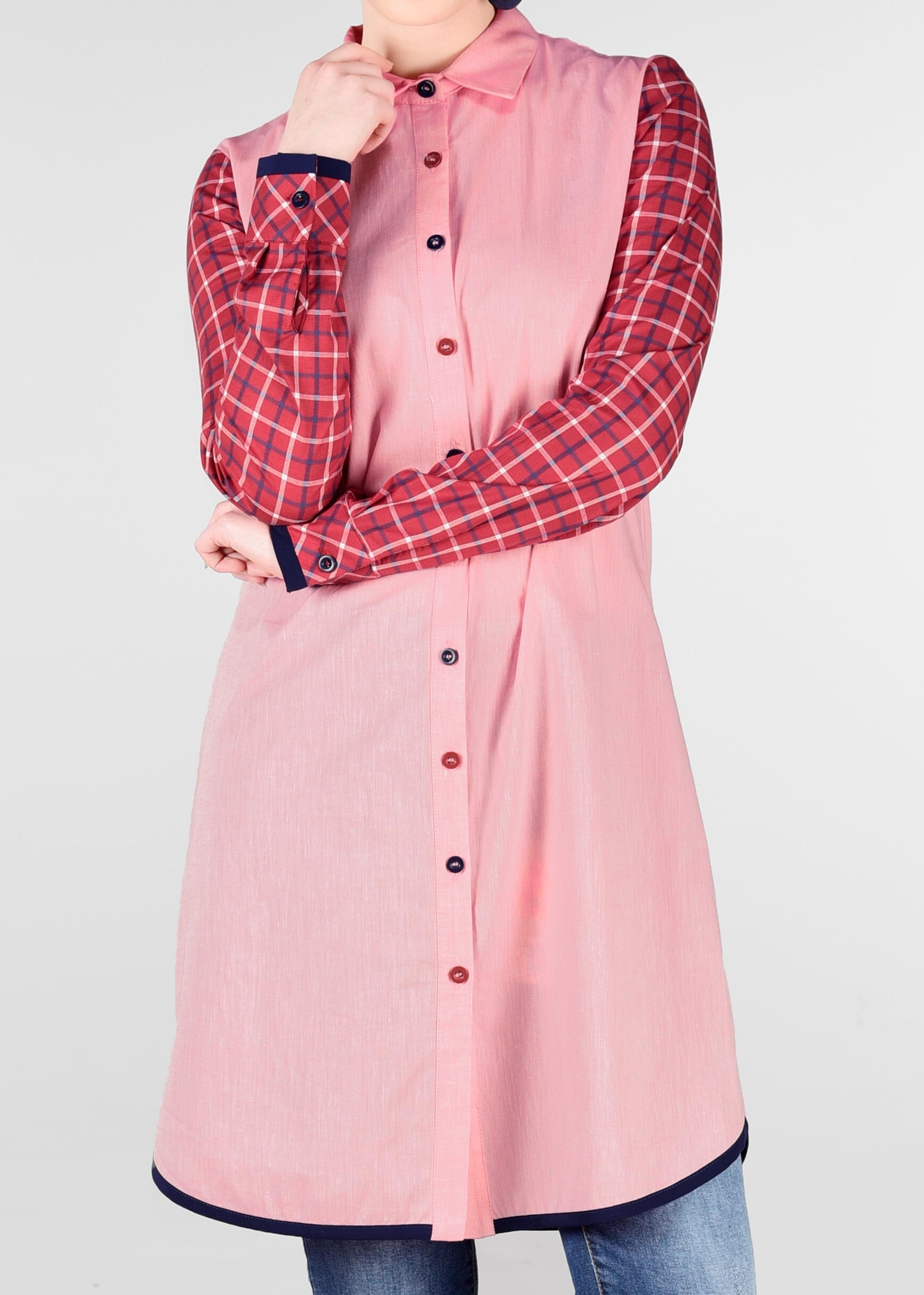 Tesettür giyim KIRMIZI KOLLARI EKOSE DESENLİ TUNİK 4919