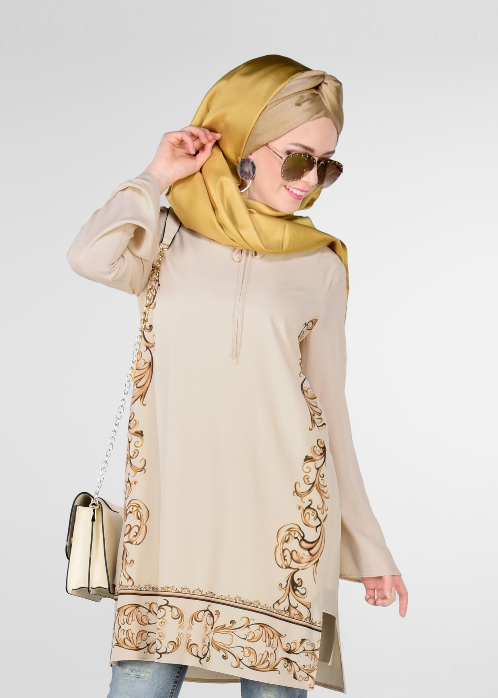 Tesettür giyim BEJ NAKIŞ BASKILI TUNİK 4921