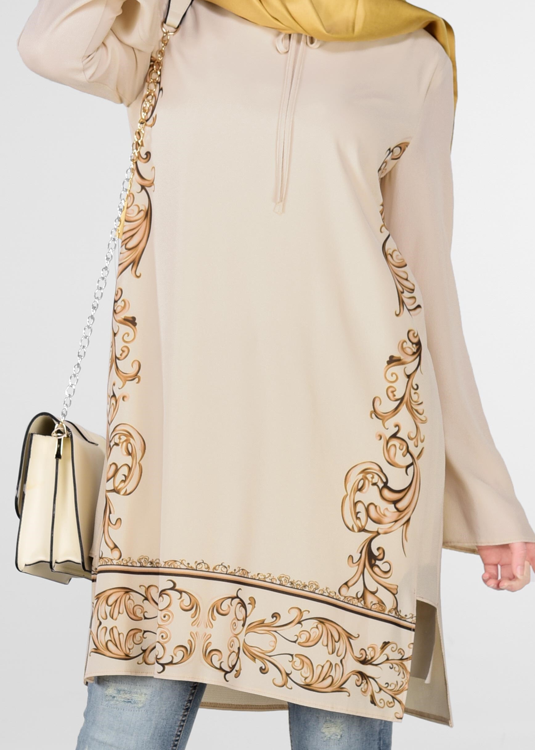 Tesettür giyim BEJ NAKIŞ BASKILI TUNİK 4921