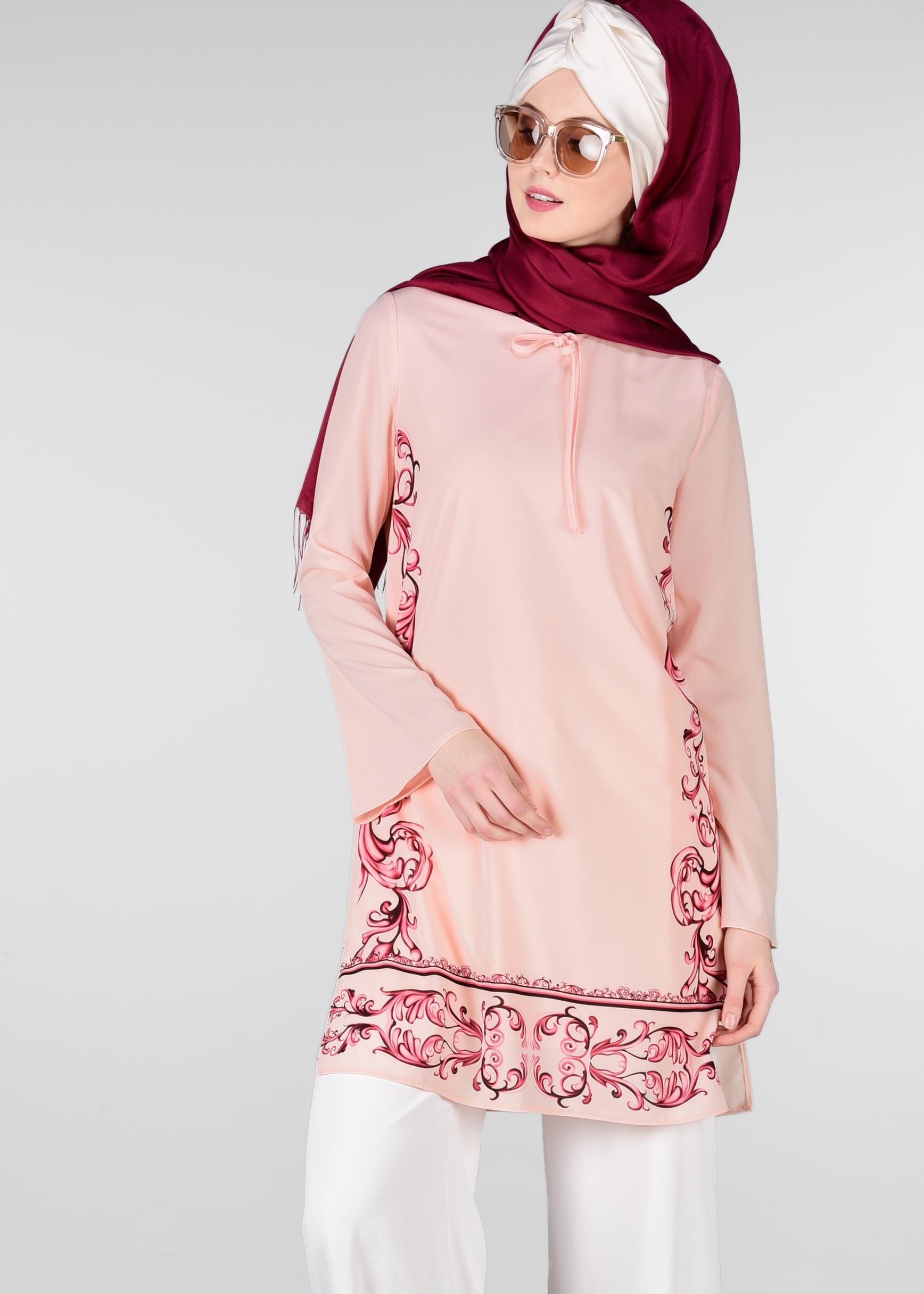 Tesettür giyim PUDRA NAKIŞ BASKILI TUNİK 4921