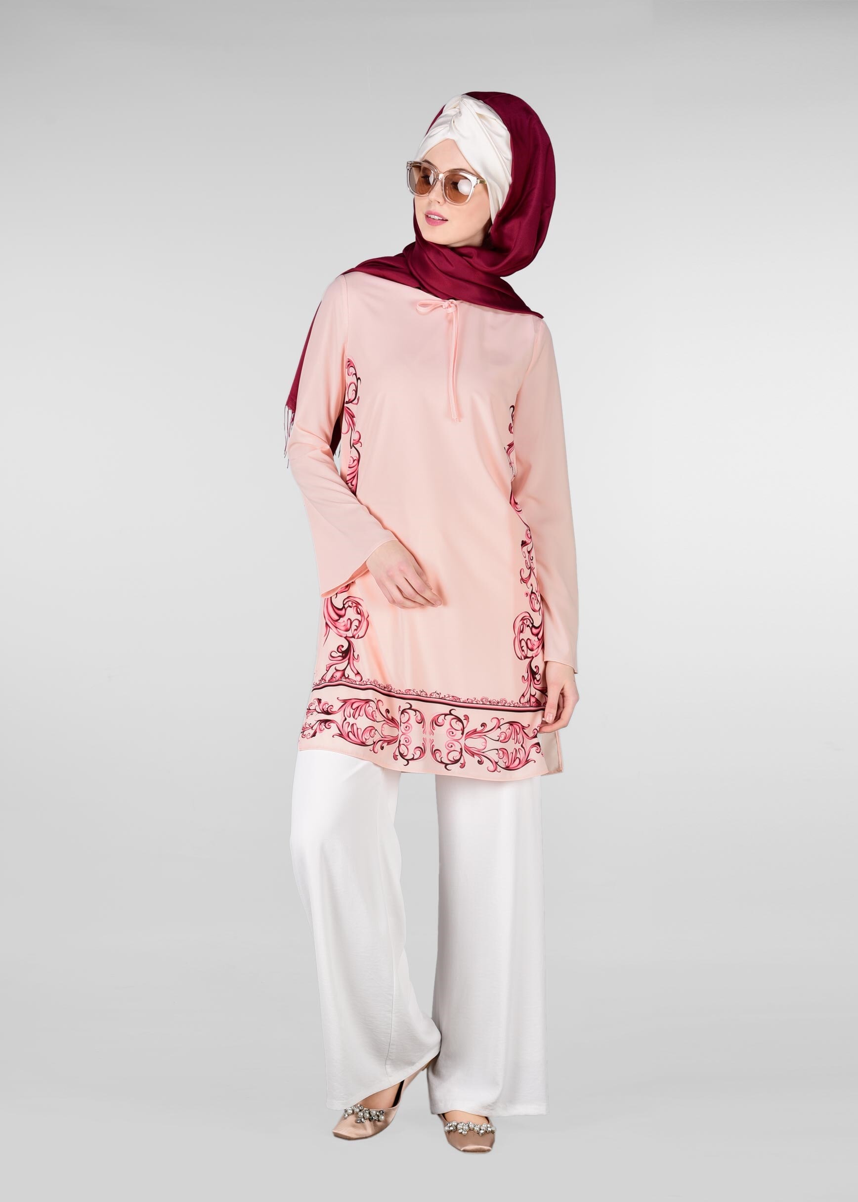 Tesettür giyim PUDRA NAKIŞ BASKILI TUNİK 4921