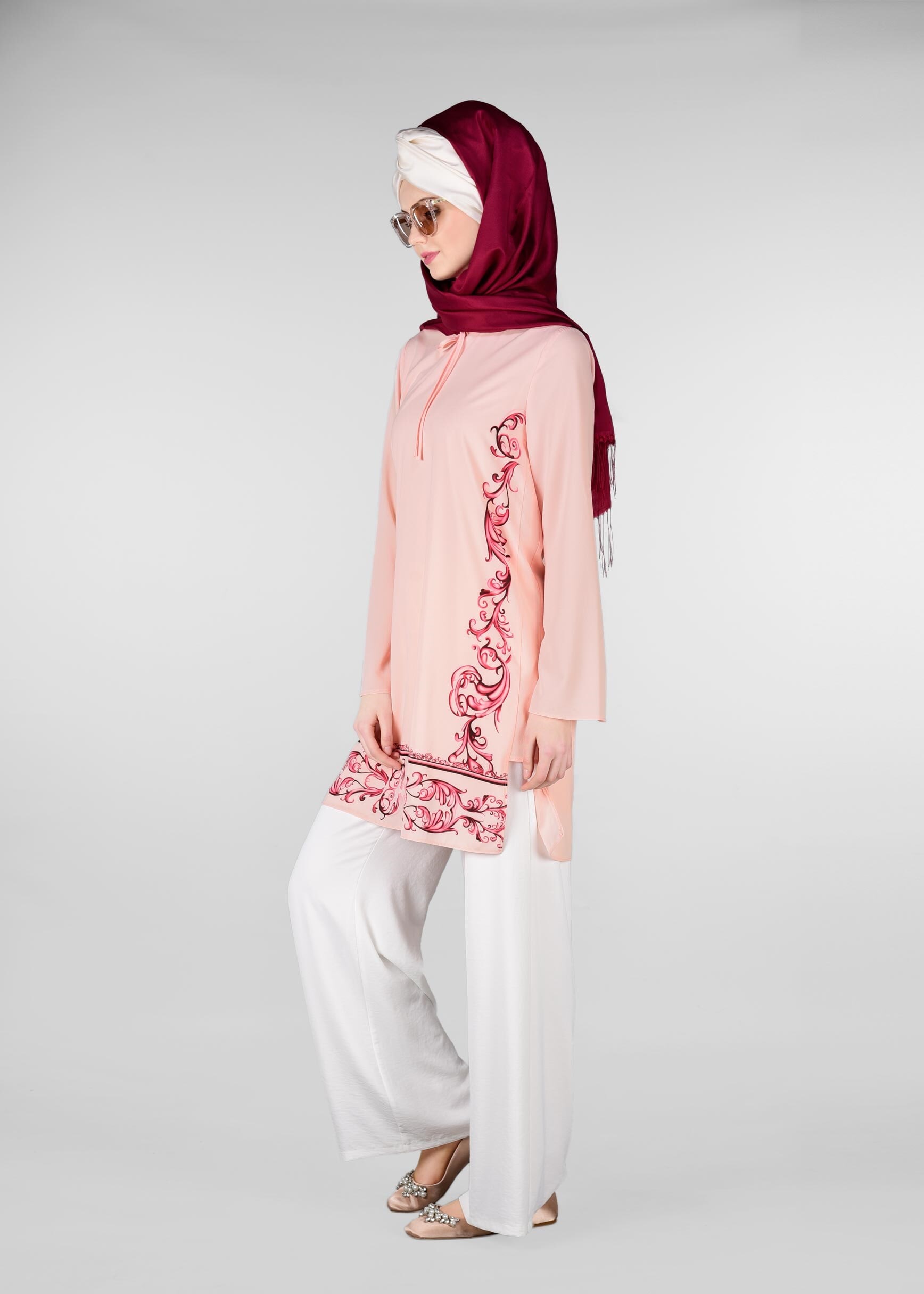 Tesettür giyim PUDRA NAKIŞ BASKILI TUNİK 4921
