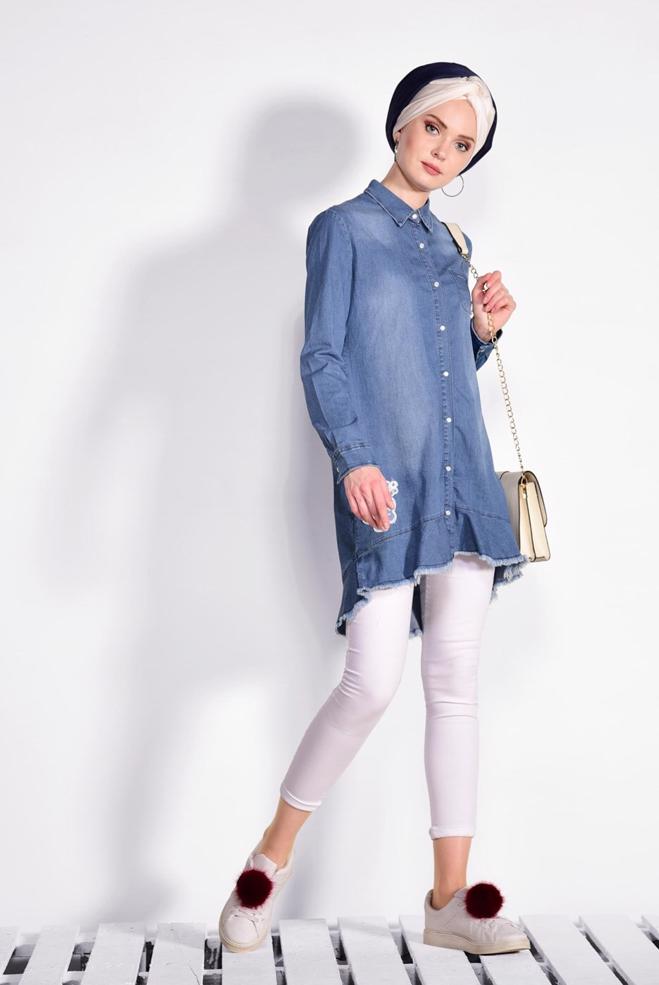 Hijab clothing BLUE Embroidered Pearl Processing Denim Tunic 4950  - ALVİNA