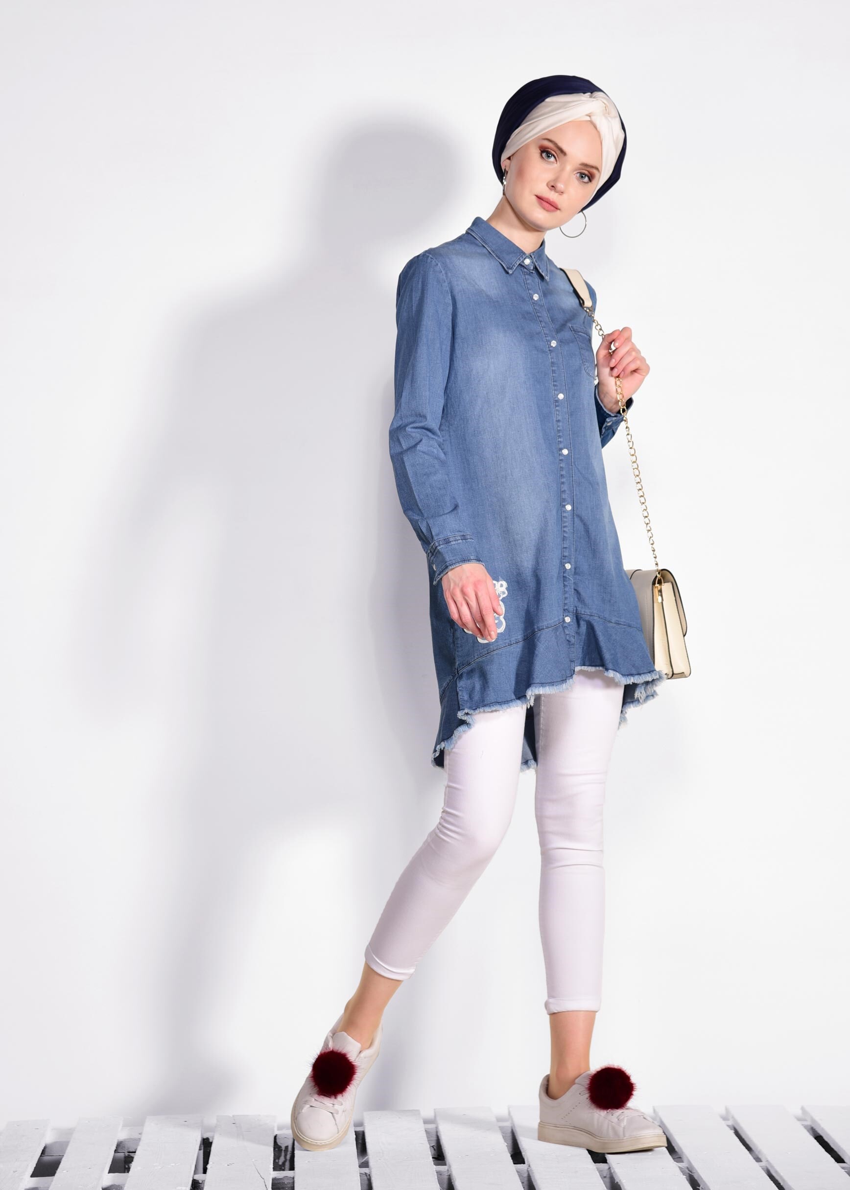 Hijab clothing BLUE Embroidered Pearl Processing Denim Tunic 4950 