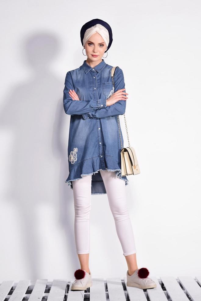 Hijab clothing BLUE Embroidered Pearl Processing Denim Tunic 4950  - ALVİNA