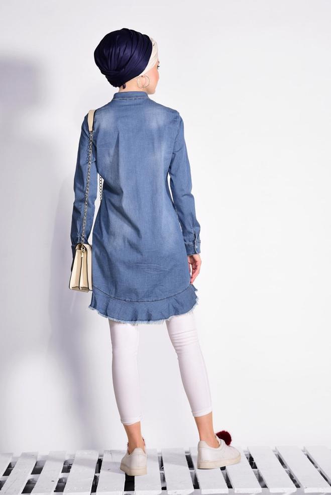 Hijab clothing BLUE Embroidered Pearl Processing Denim Tunic 4950  - ALVİNA