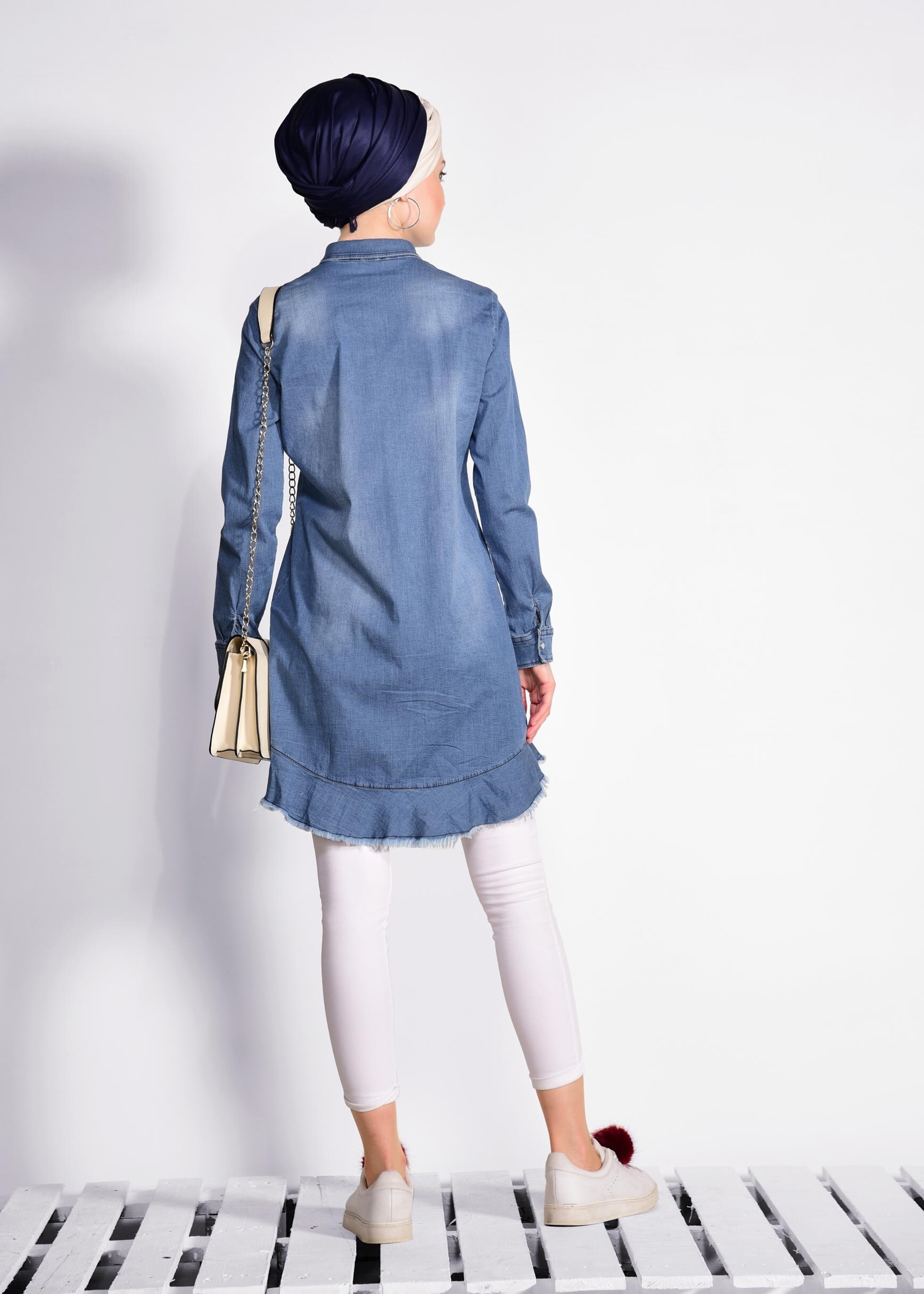 Hijab clothing BLUE Embroidered Pearl Processing Denim Tunic 4950 
