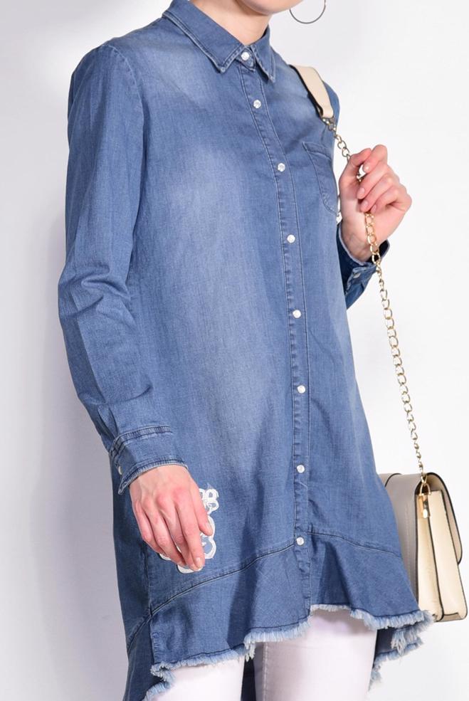 Hijab clothing BLUE Embroidered Pearl Processing Denim Tunic 4950  - ALVİNA