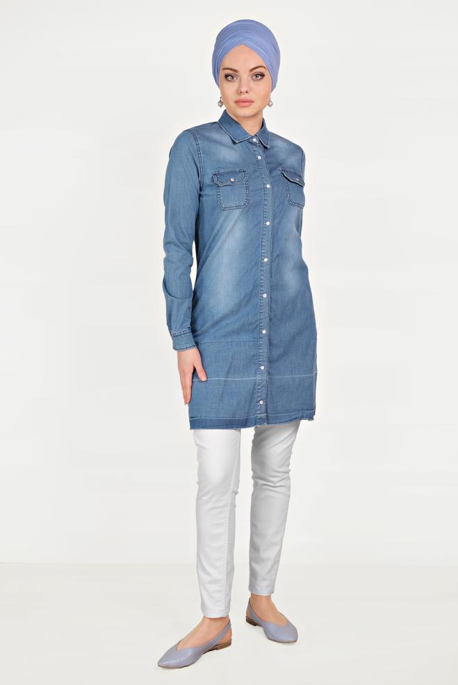 Hijab clothing BLUE Pocket Detailed Denim Tunic  4951  - ALVİNA