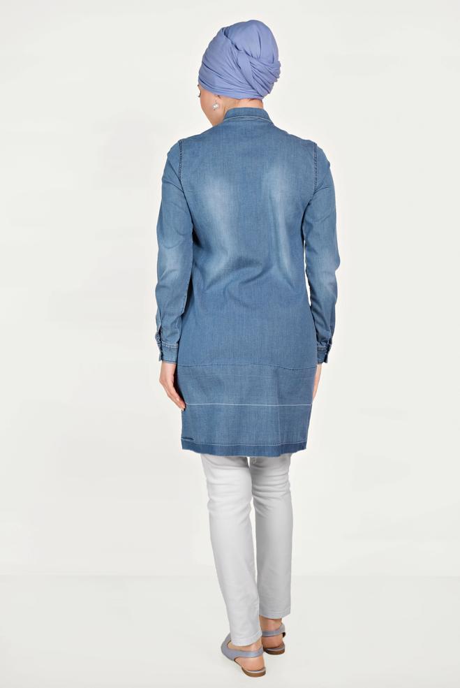 Hijab clothing BLUE Pocket Detailed Denim Tunic  4951  - ALVİNA