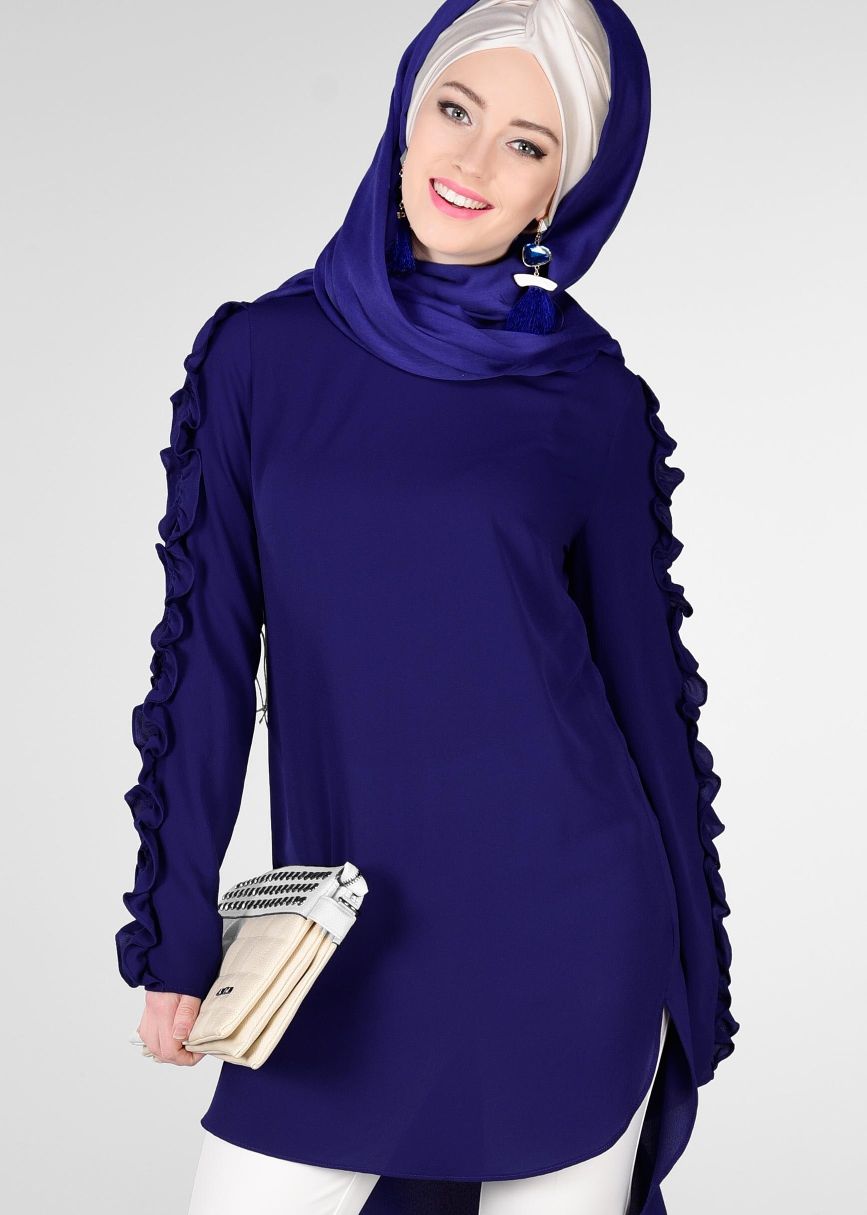 Tesettür giyim LACİVERT KOLLARI FIRFIRLI TUNİK 4963