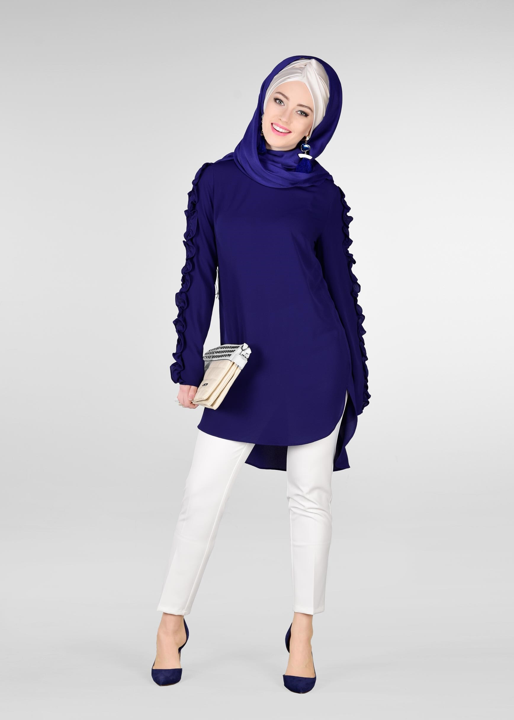 Tesettür giyim LACİVERT KOLLARI FIRFIRLI TUNİK 4963