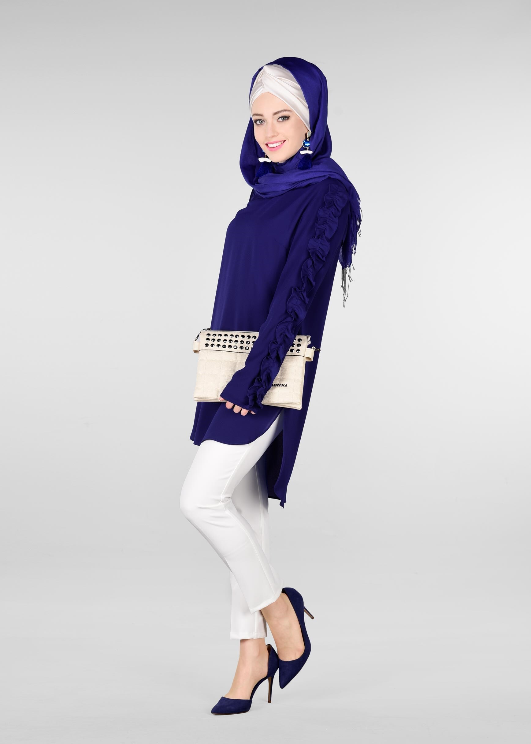 Tesettür giyim LACİVERT KOLLARI FIRFIRLI TUNİK 4963