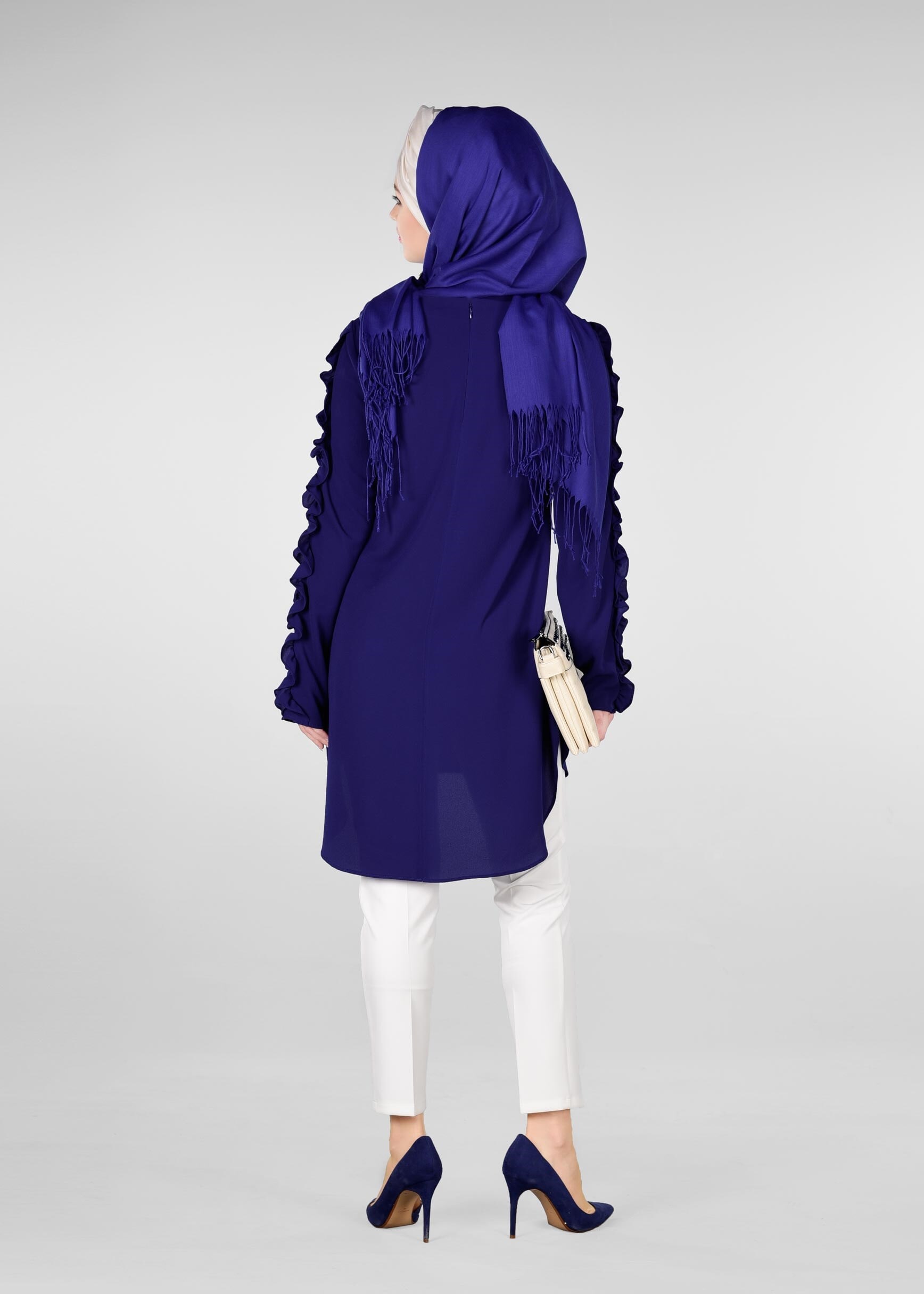 Tesettür giyim LACİVERT KOLLARI FIRFIRLI TUNİK 4963