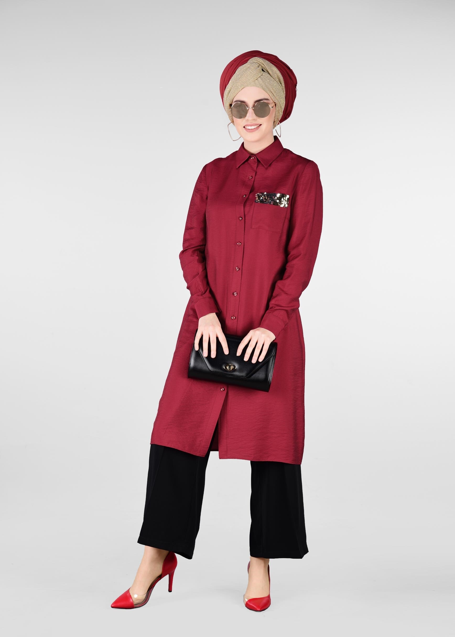 Tesettür giyim BORDO CEP DETAYI PULLU TUNİK 4968