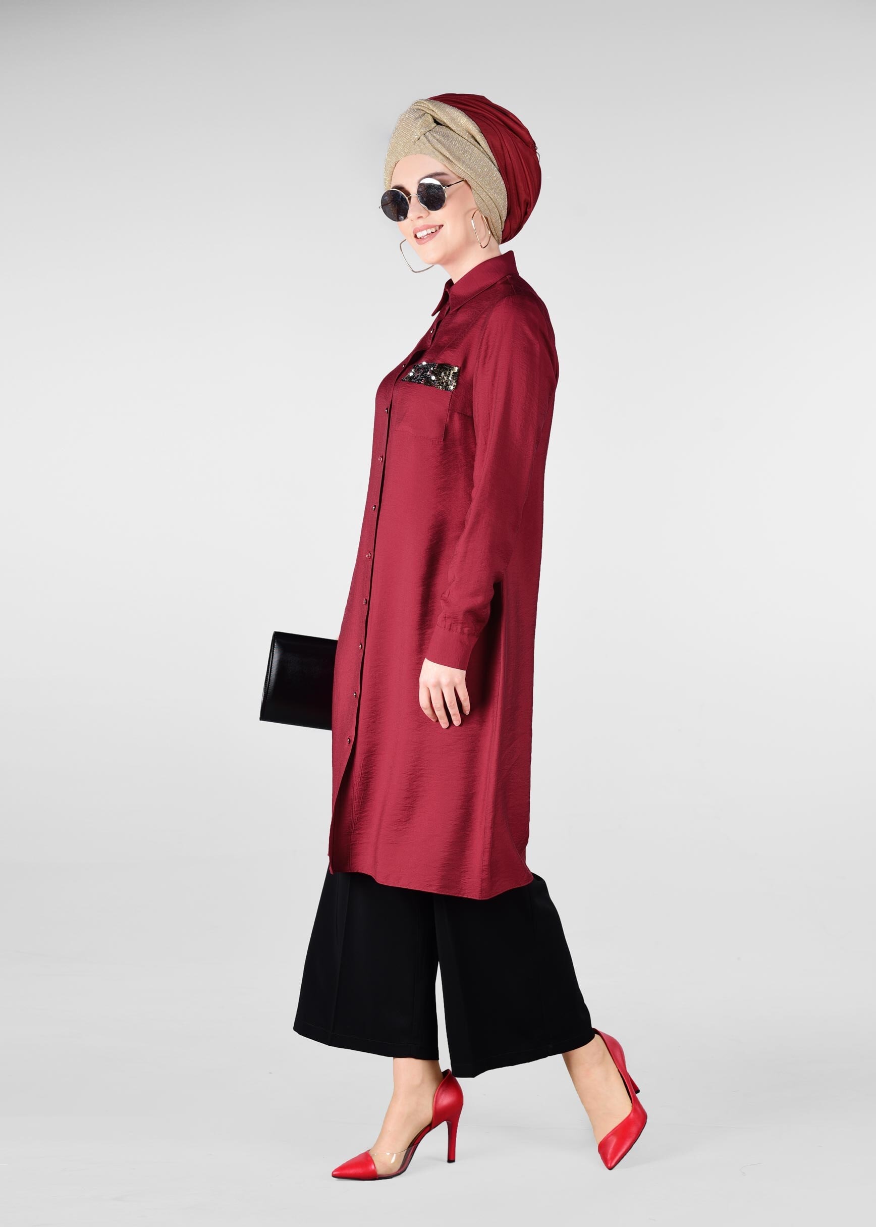Tesettür giyim BORDO CEP DETAYI PULLU TUNİK 4968