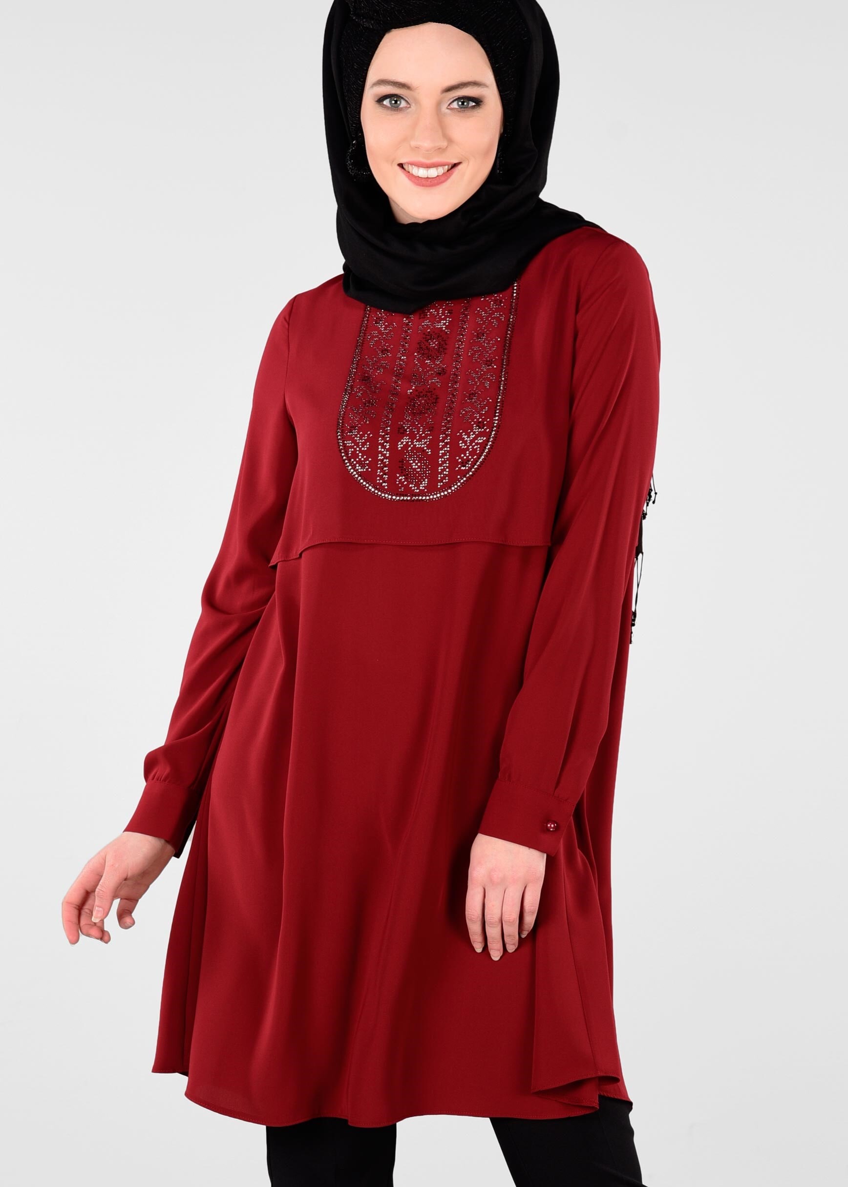 Tesettür giyim BORDO TAŞ BASKILI TUNİK 4992