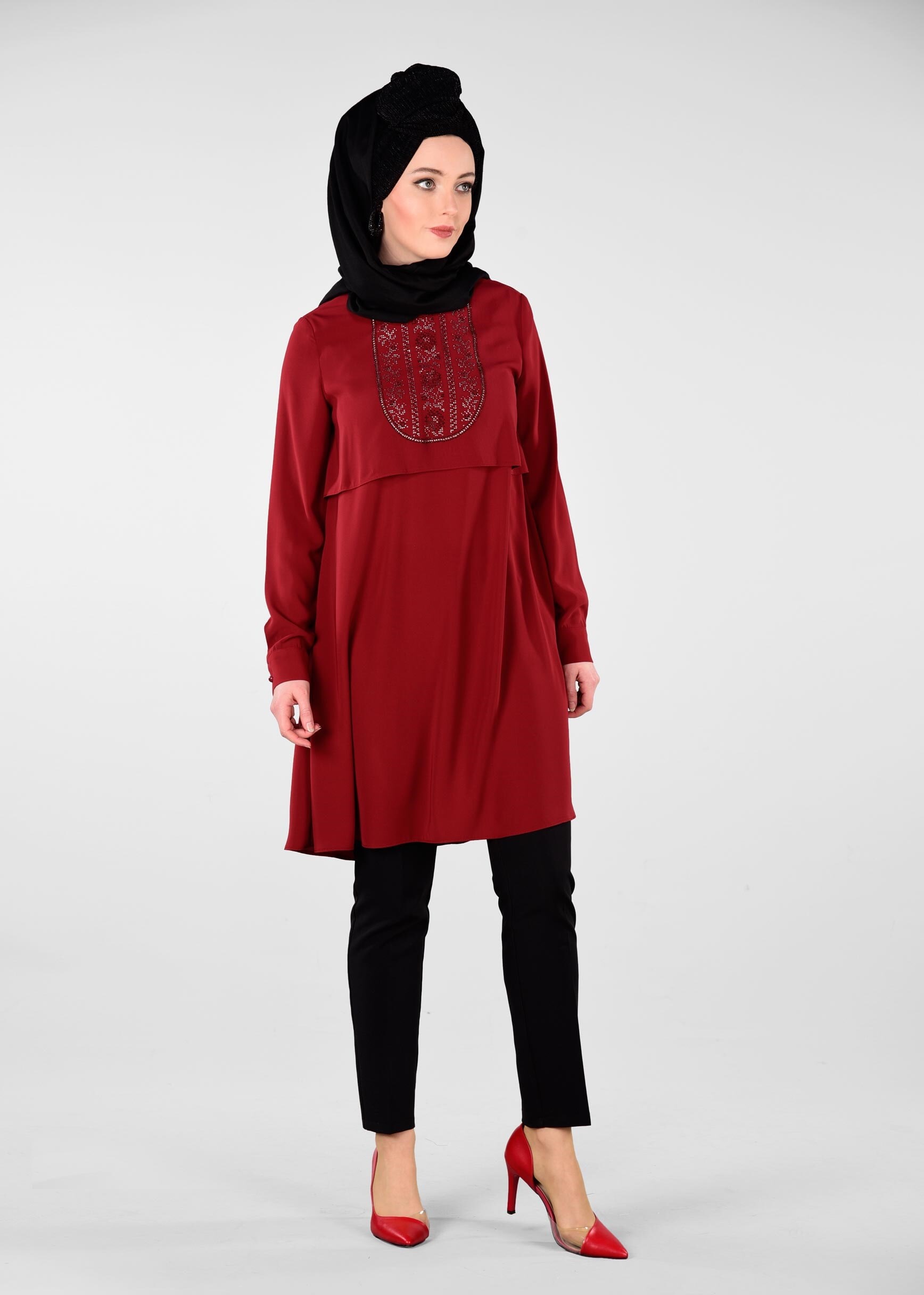 Tesettür giyim BORDO TAŞ BASKILI TUNİK 4992