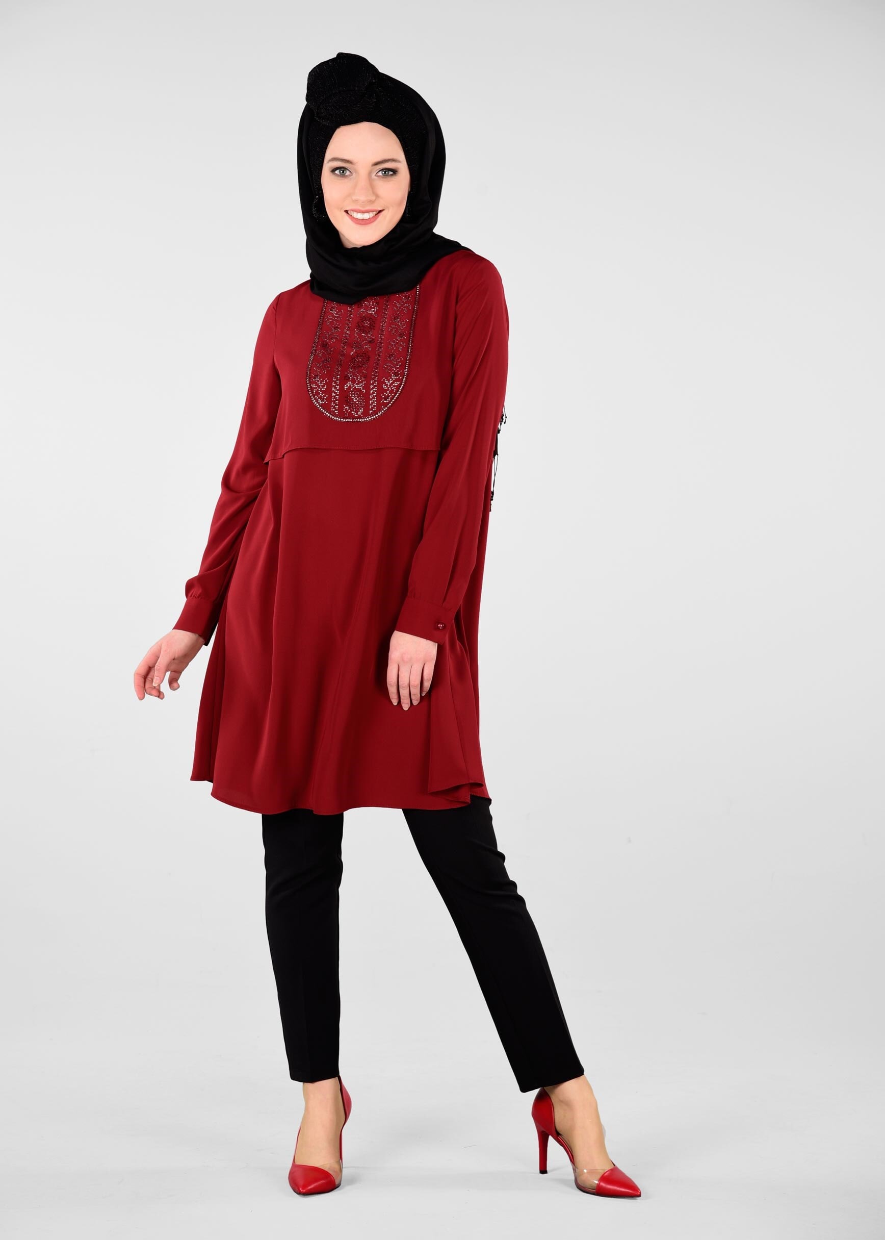 Tesettür giyim BORDO TAŞ BASKILI TUNİK 4992