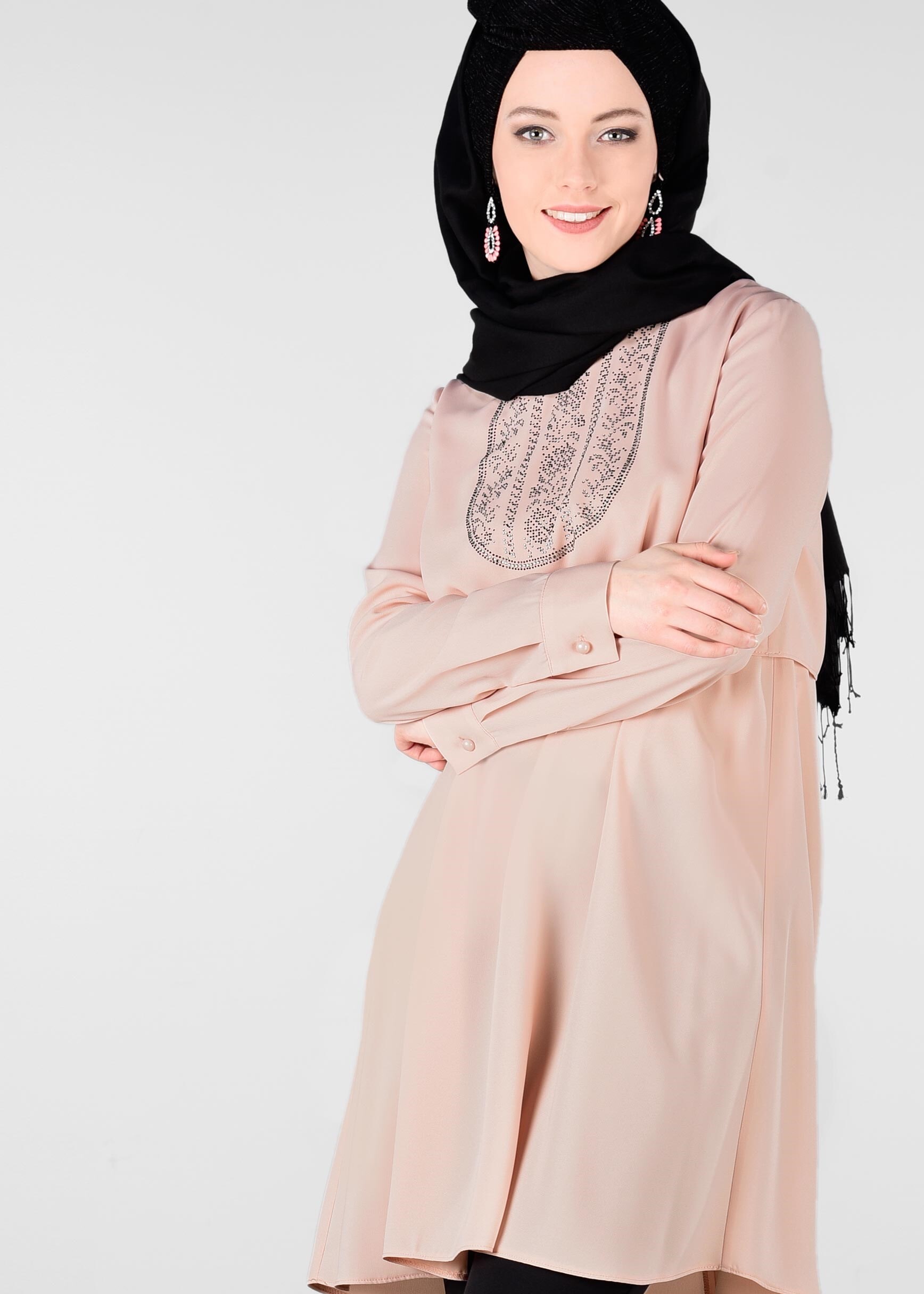 Tesettür giyim PUDRA TAŞ BASKILI TUNİK 4992