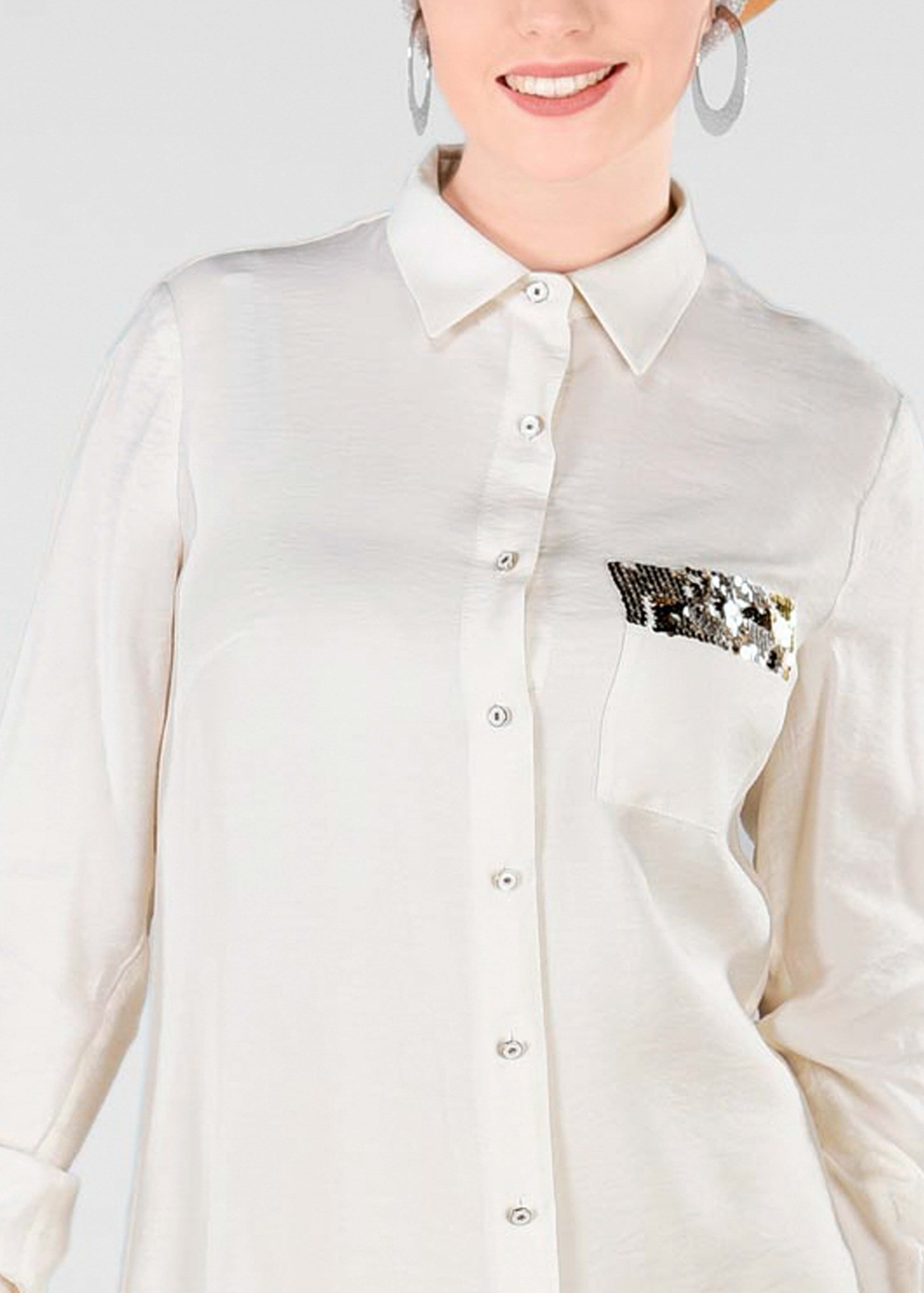 Tesettür giyim EKRU CEP DETAYI PULLU TUNİK 4968-1