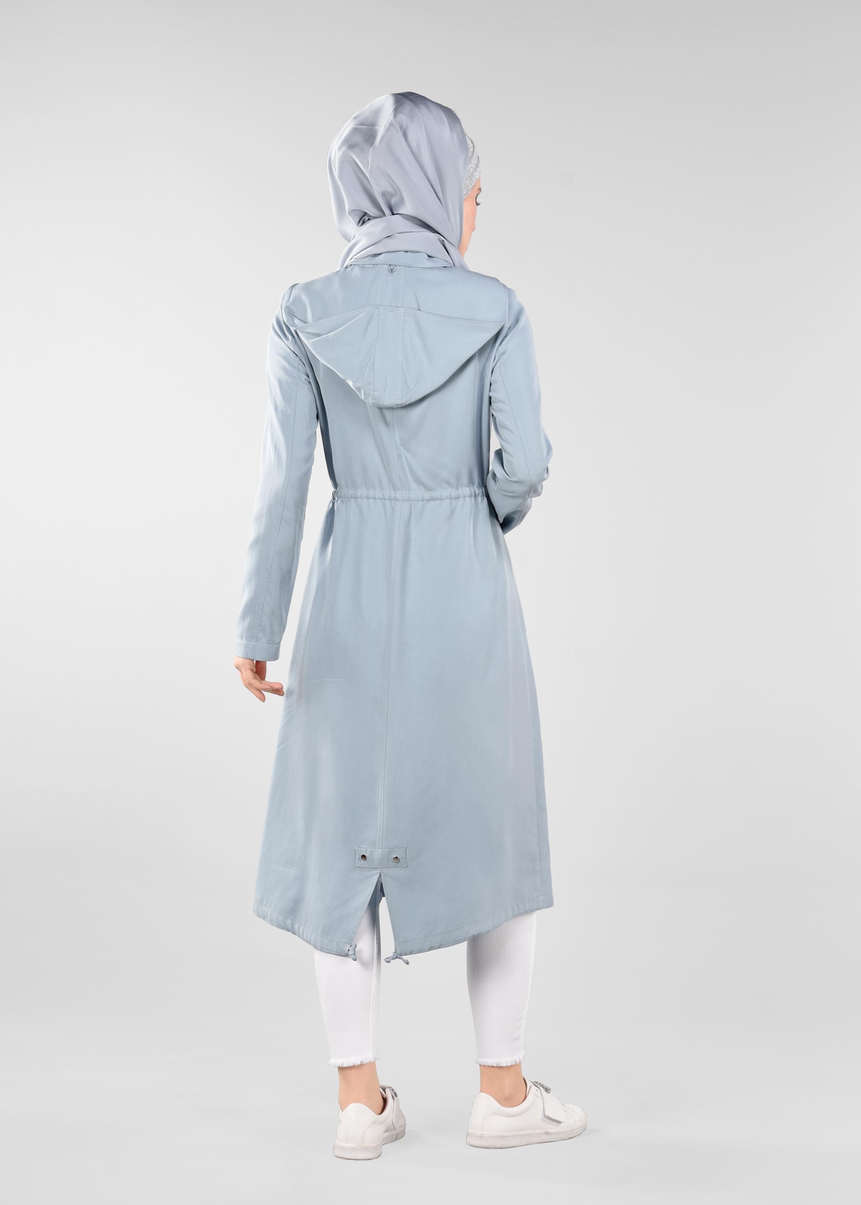 Tesettür giyim MAVİ BEL KISMI BÜZGÜLÜ ARMALI TRENÇKOT 1191